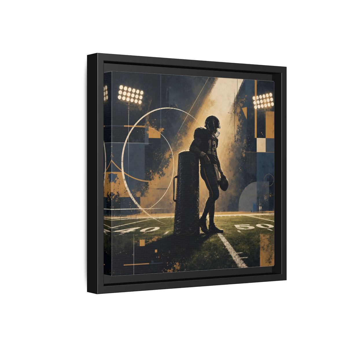 Side Mockup 18. Sports Football Player Blue And Gold Sports shown as framed canvas print