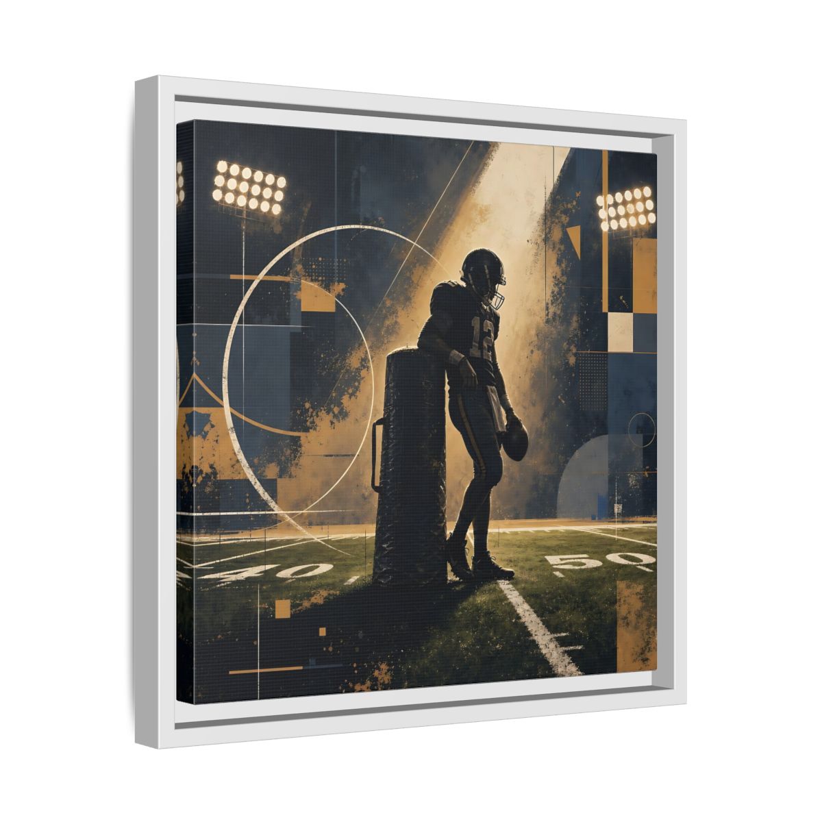 Side Mockup 28. Sports Football Player Blue And Gold Sports shown as framed canvas print