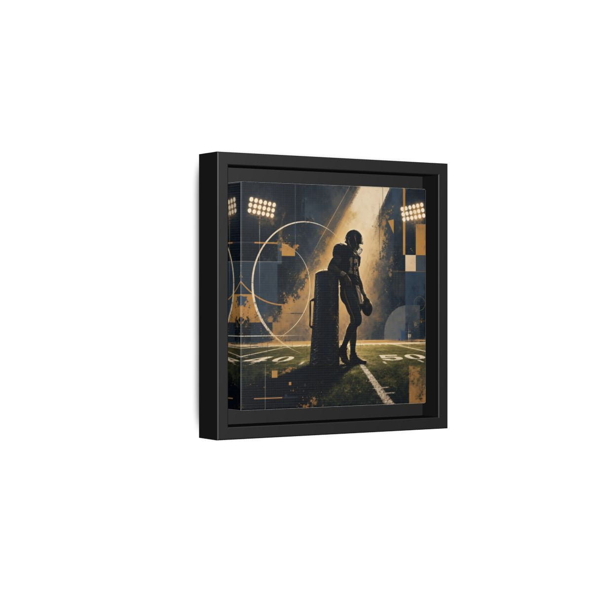 Side Mockup 3. Sports Football Player Blue And Gold Sports shown as framed canvas print