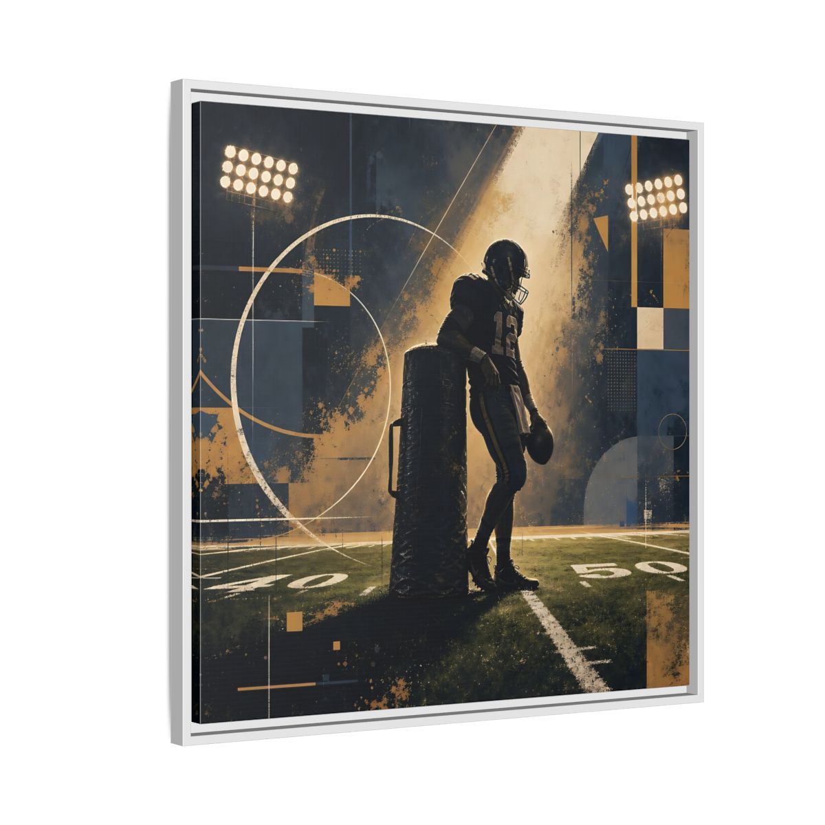 Side Mockup 7. Sports Football Player Blue And Gold Sports shown as framed canvas print
