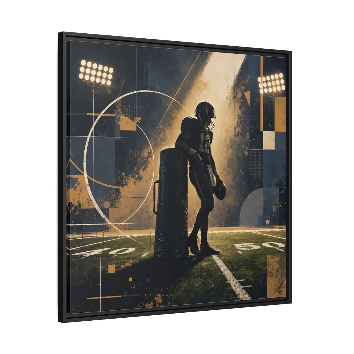 Side Mockup 30. Sports Football Player Blue And Gold Sports shown as framed canvas print