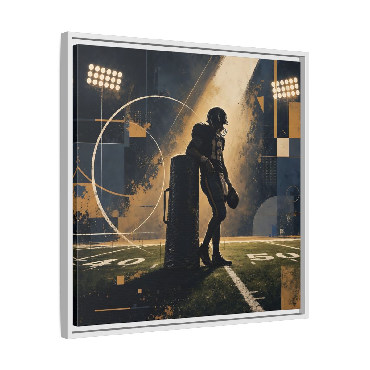 Side Mockup 26. Sports Football Player Blue And Gold Sports shown as framed canvas print
