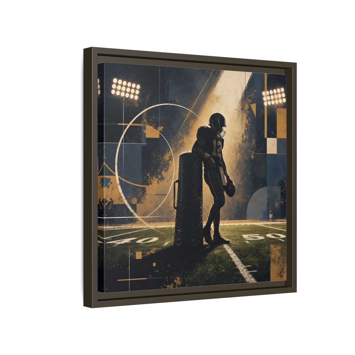 Side Mockup 14. Sports Football Player Blue And Gold Sports shown as framed canvas print