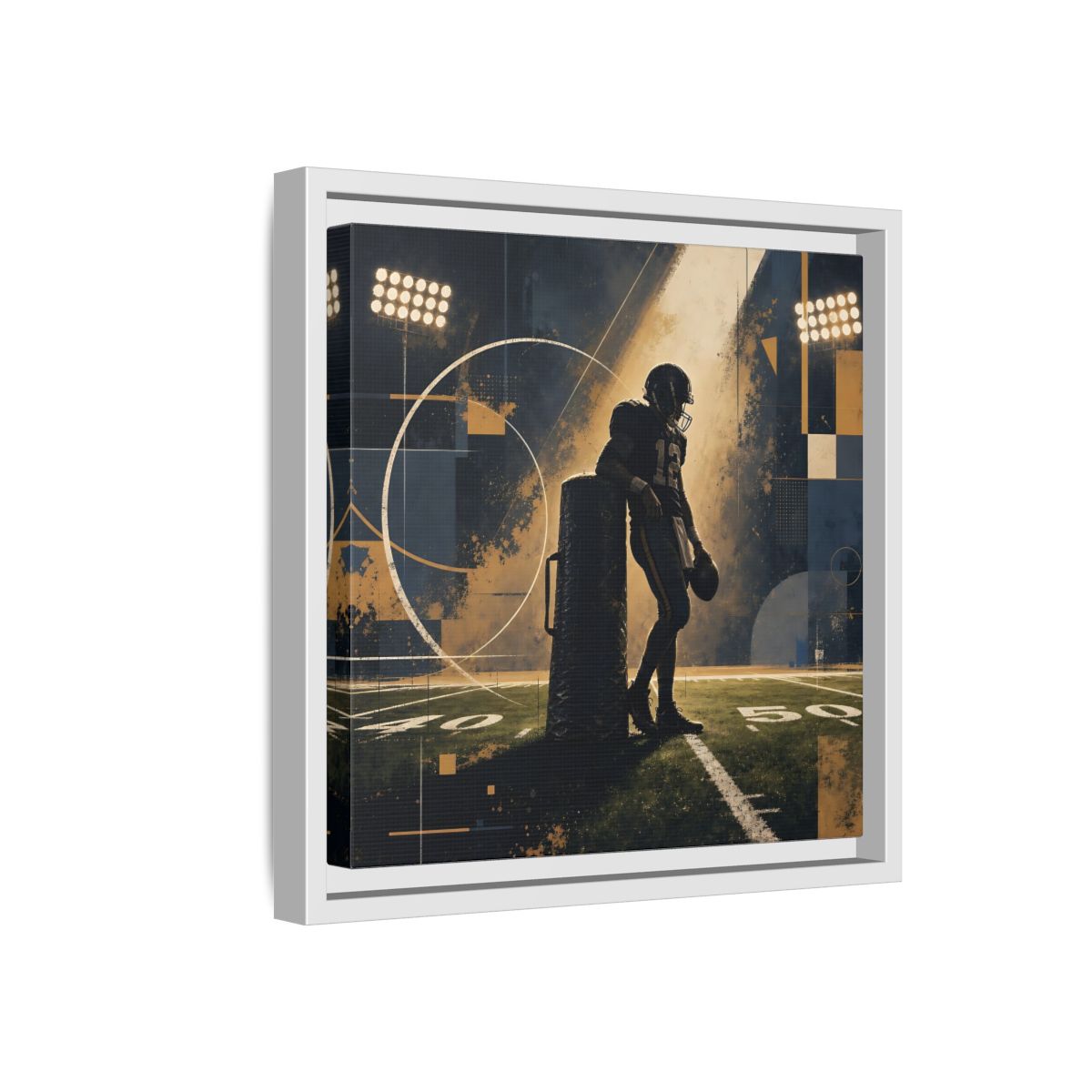 Side Mockup 16. Sports Football Player Blue And Gold Sports shown as framed canvas print