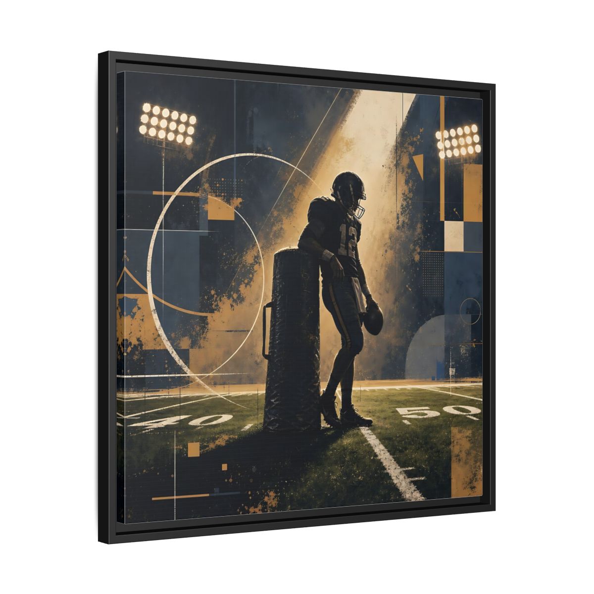 Side Mockup 31. Sports Football Player Blue And Gold Sports shown as framed canvas print