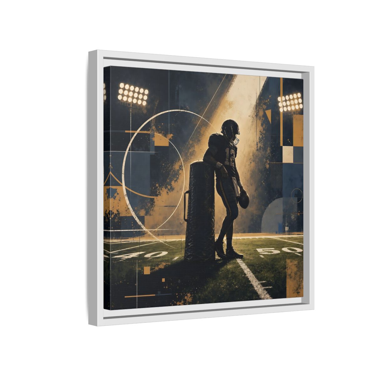 Side Mockup 13. Sports Football Player Blue And Gold Sports shown as framed canvas print