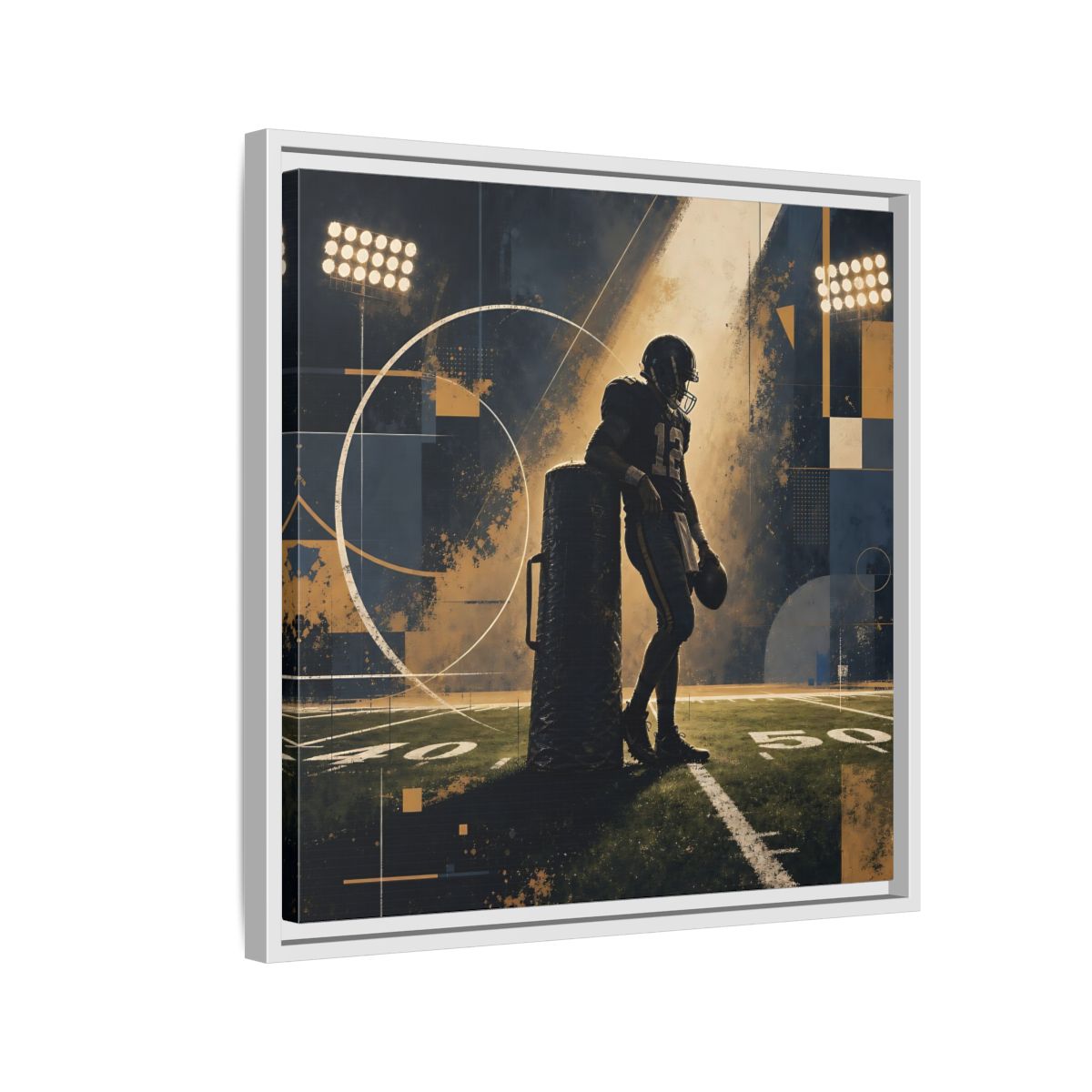 Side Mockup 10. Sports Football Player Blue And Gold Sports shown as framed canvas print