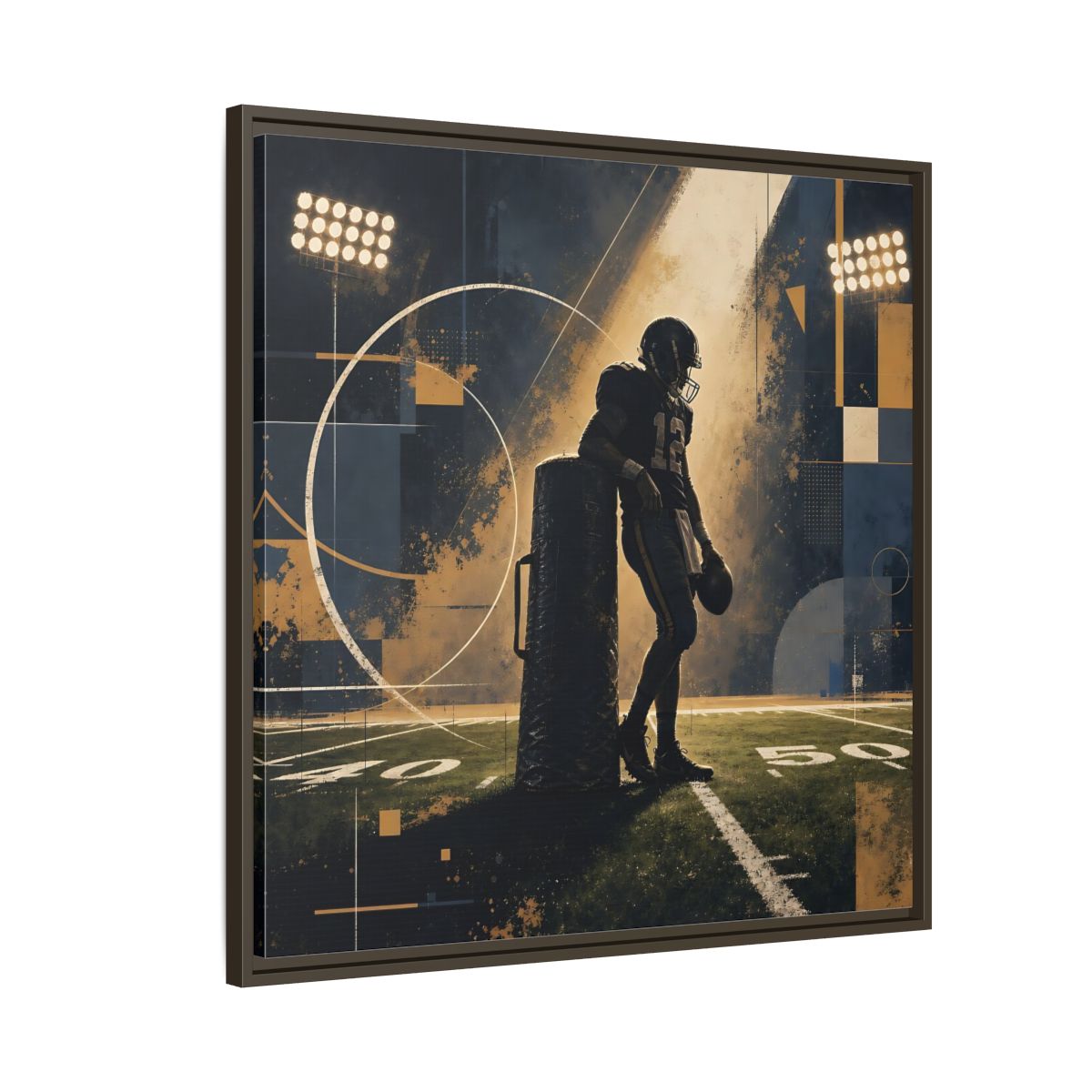 Side Mockup 8. Sports Football Player Blue And Gold Sports shown as framed canvas print