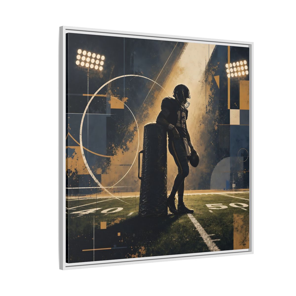 Side Mockup 4. Sports Football Player Blue And Gold Sports shown as framed canvas print