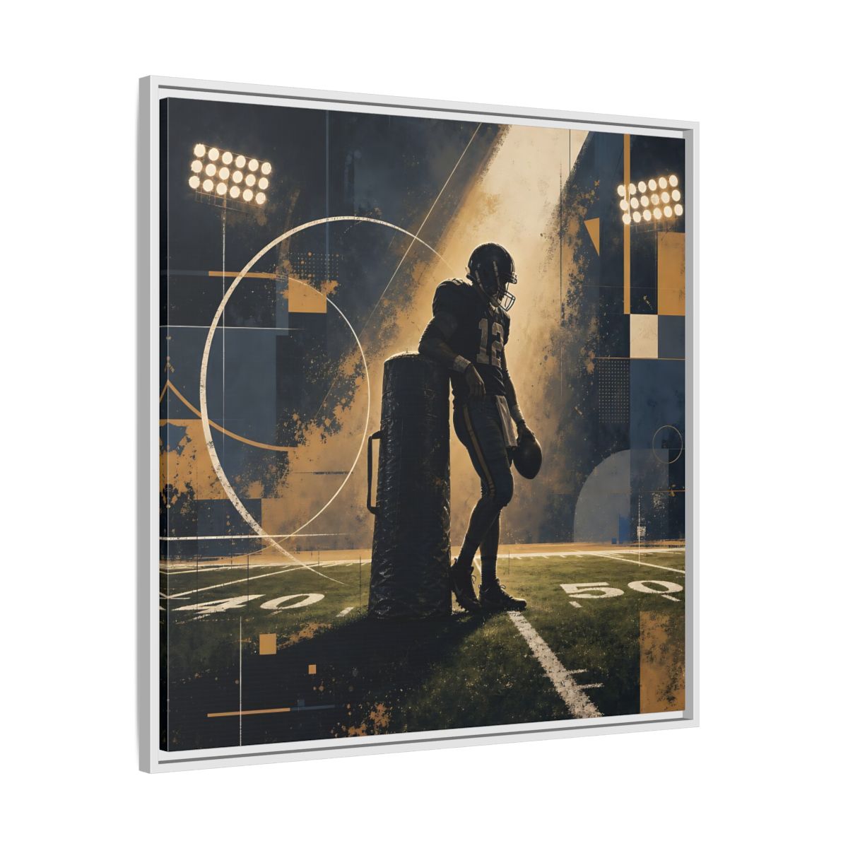 Side Mockup 25. Sports Football Player Blue And Gold Sports shown as framed canvas print