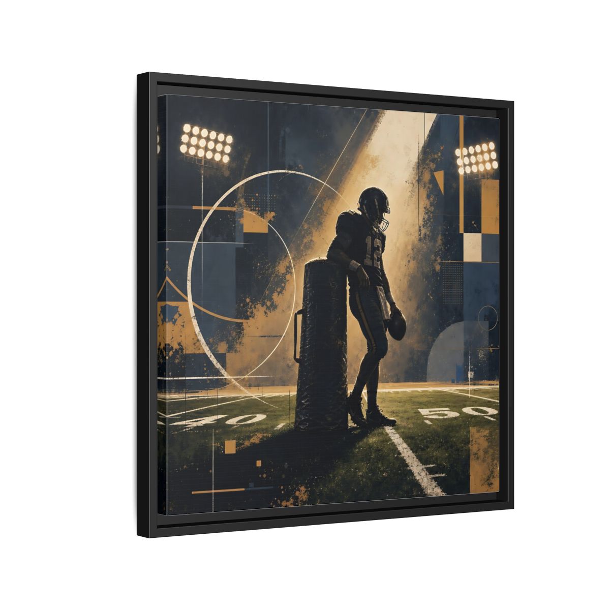 Side Mockup 12. Sports Football Player Blue And Gold Sports shown as framed canvas print