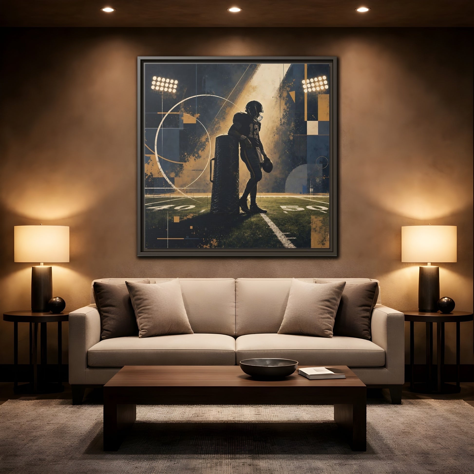 Mockup 2. Sports Football Player Blue And Gold Sports shown as framed canvas print