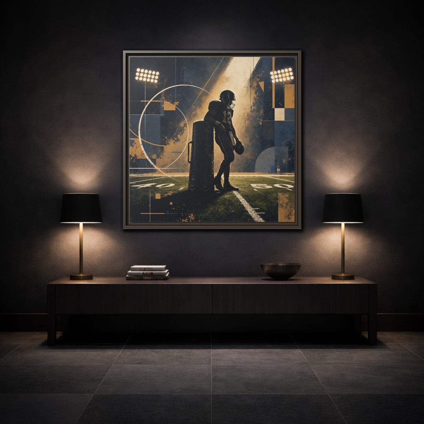Mockup 3. Sports Football Player Blue And Gold Sports shown as framed canvas print
