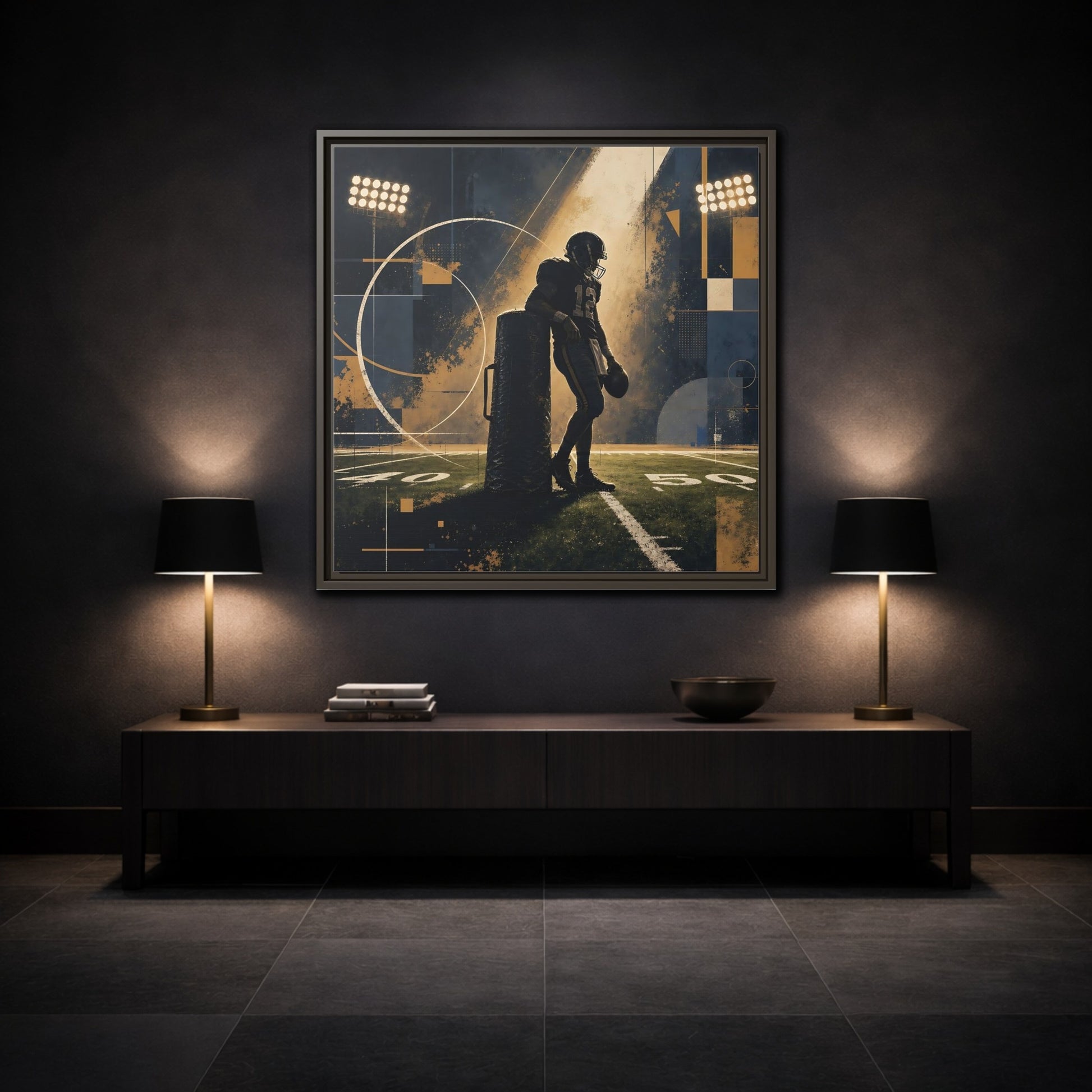 Mockup 3. Sports Football Player Blue And Gold Sports shown as framed canvas print