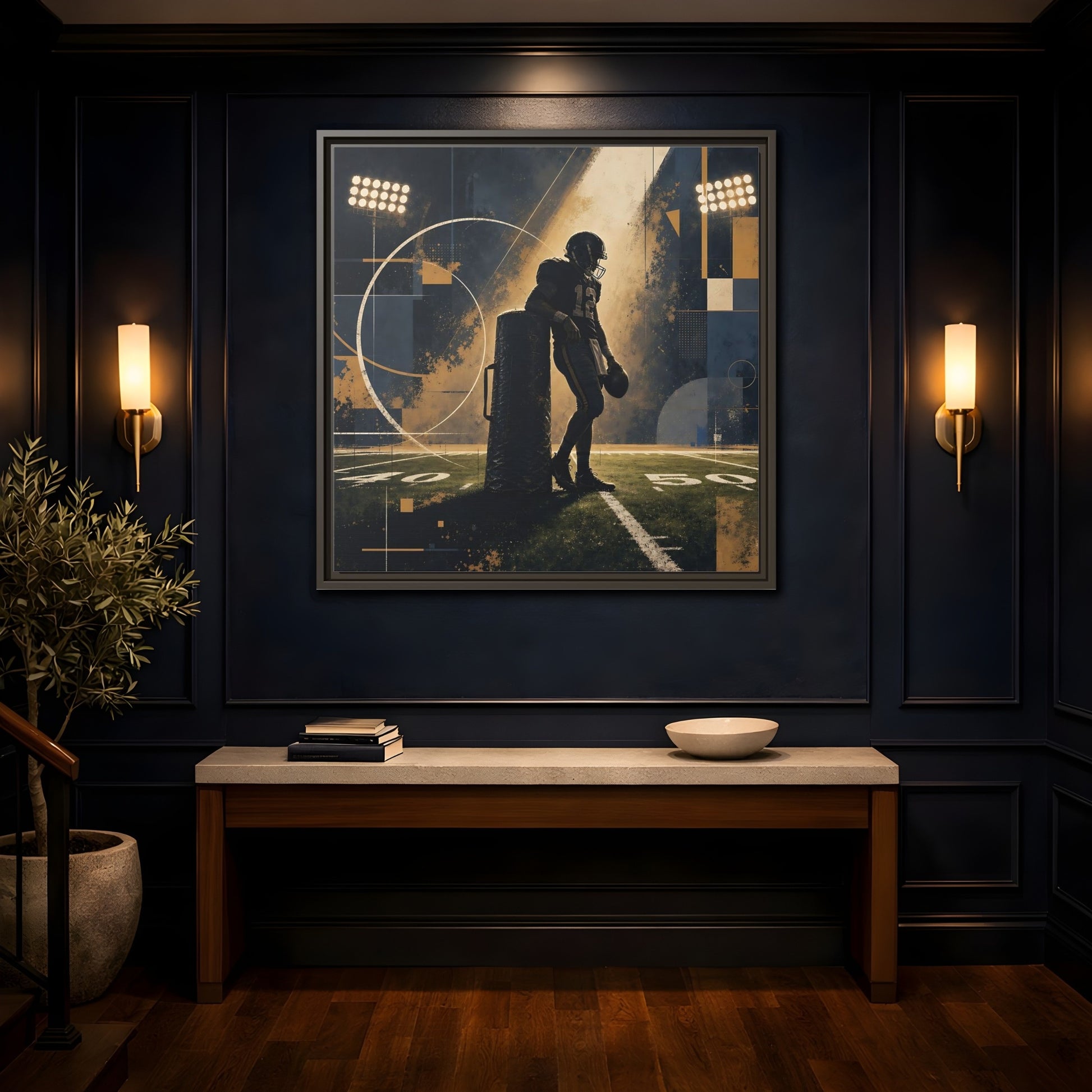 Mockup 4. Sports Football Player Blue And Gold Sports shown as framed canvas print