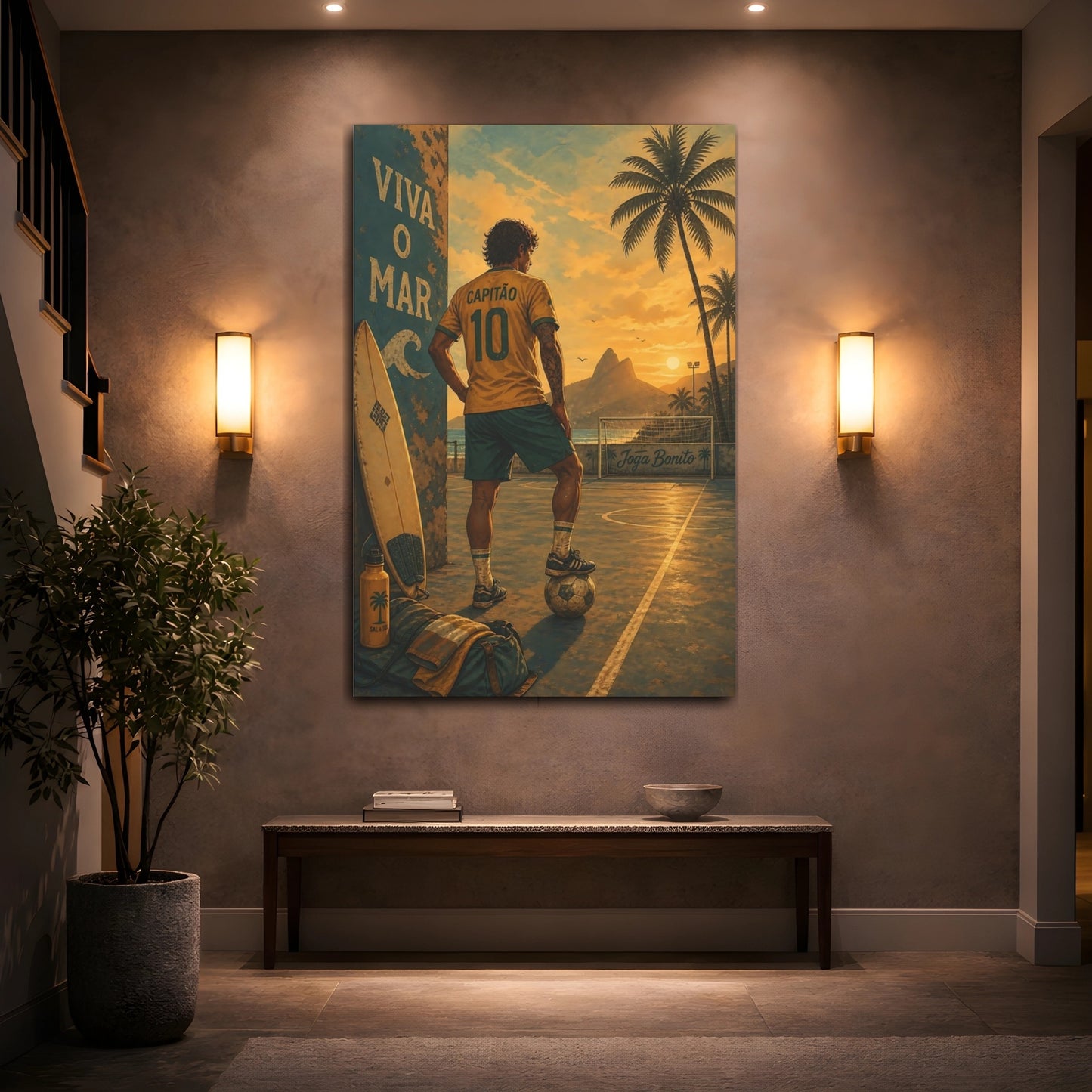 Mockup 2. Sports Football Player Golden Sunset shown as canvas print