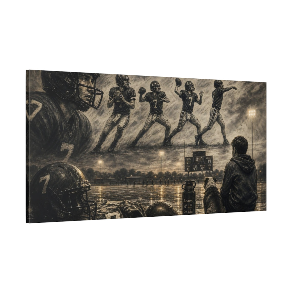Side Mockup 2. Sports Football Players Sepia Football shown as canvas print