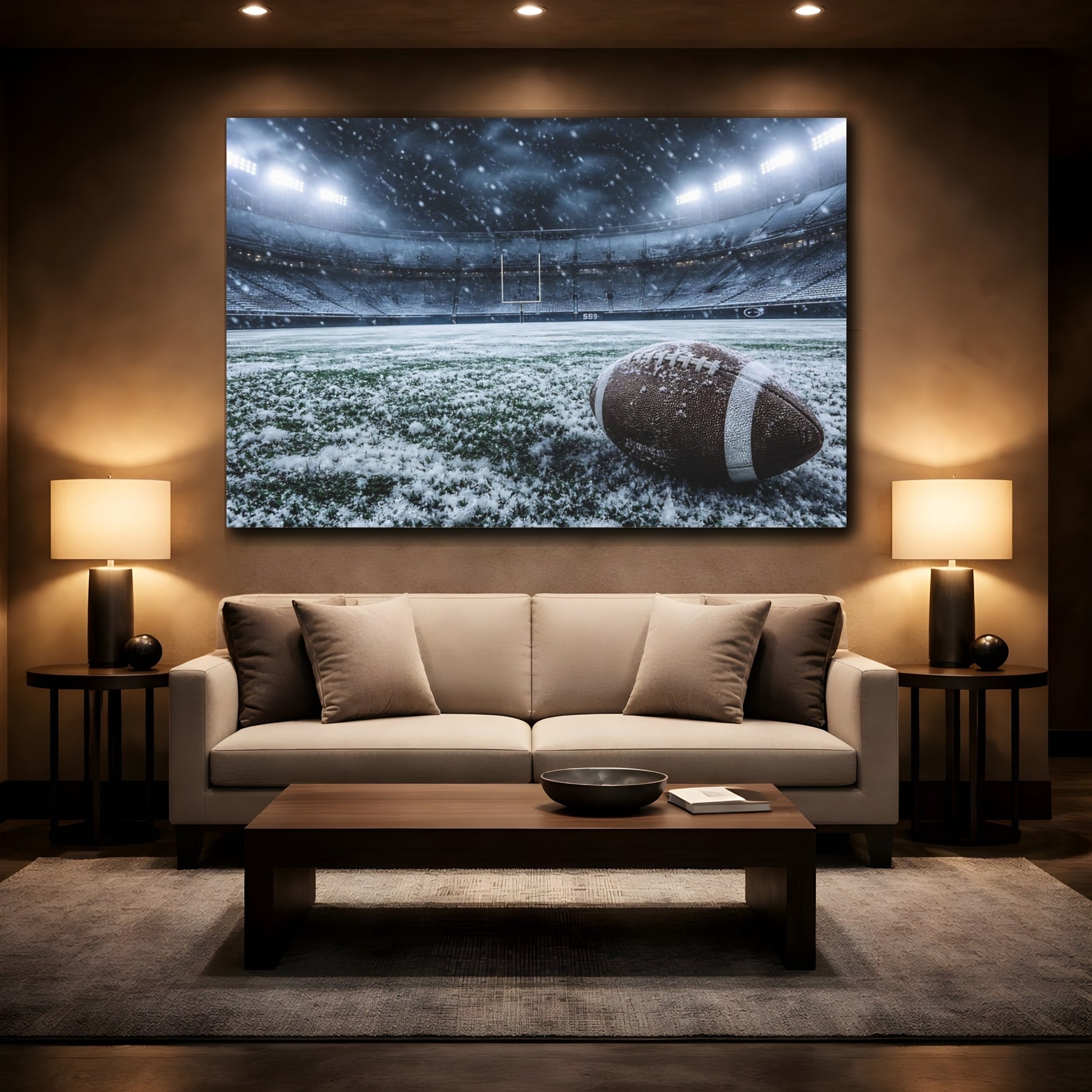 Mockup 2. Sports Football Snowy Football Stadium shown as canvas print
