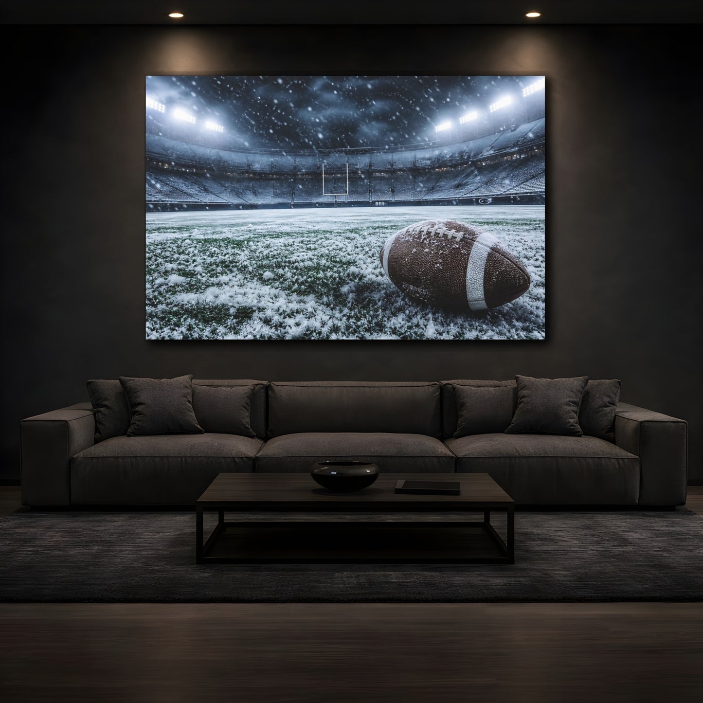 Mockup 3. Sports Football Snowy Football Stadium shown as canvas print