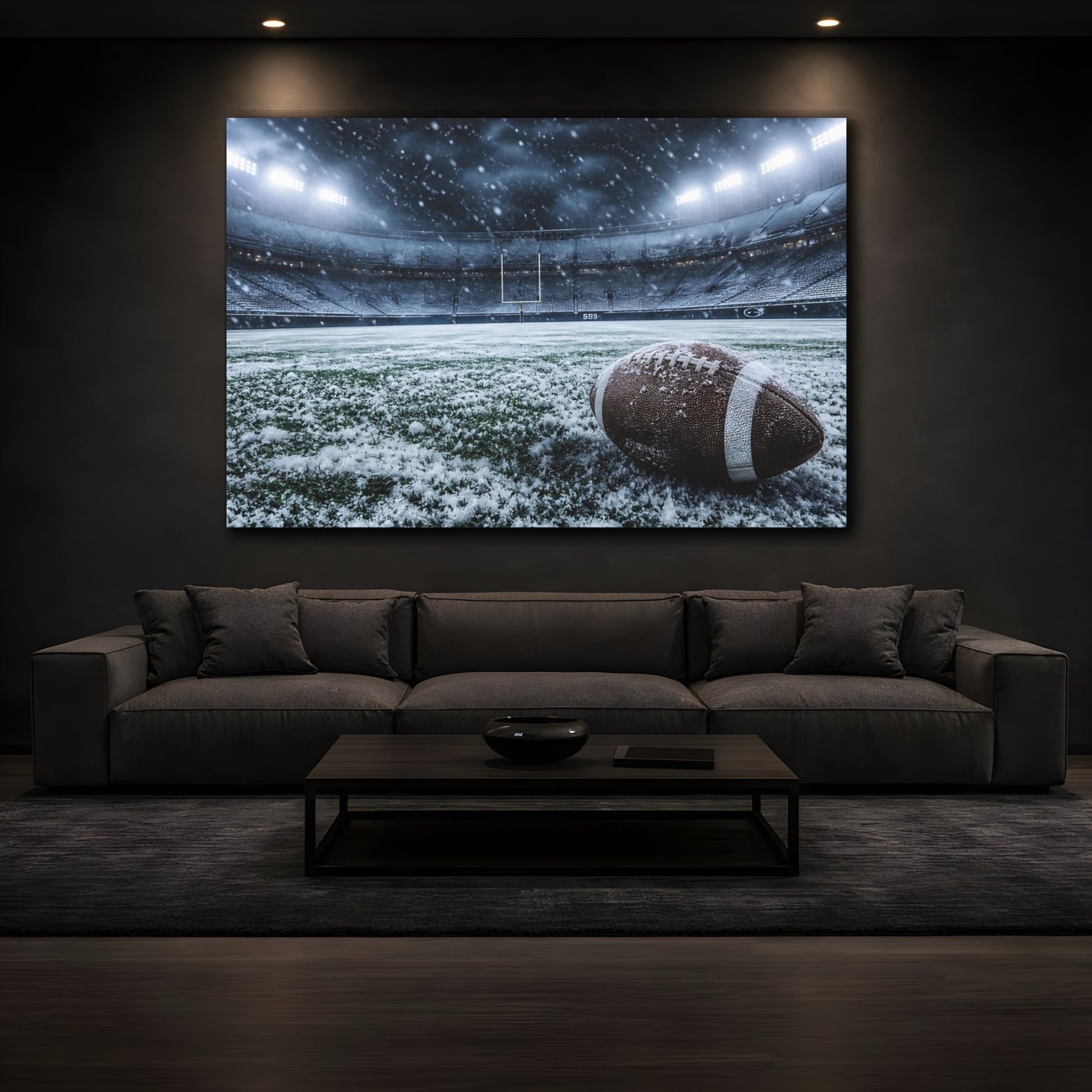 Mockup 3. Sports Football Snowy Football Stadium shown as canvas print