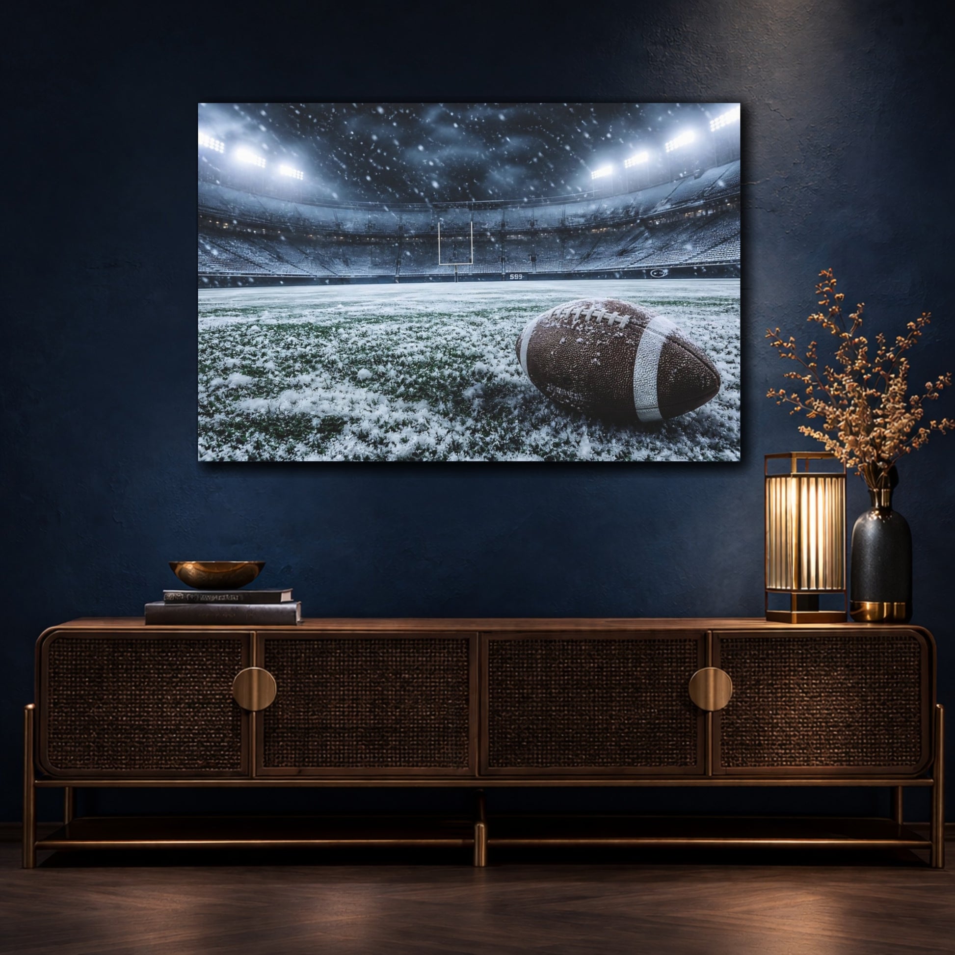 Mockup 4. Sports Football Snowy Football Stadium shown as canvas print