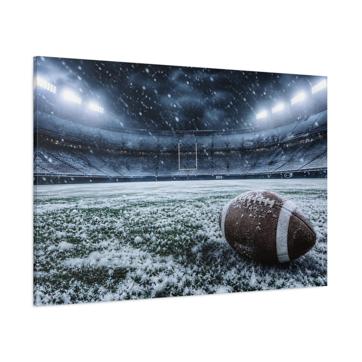 Side Mockup 1. Sports Football Snowy Football Stadium shown as canvas print