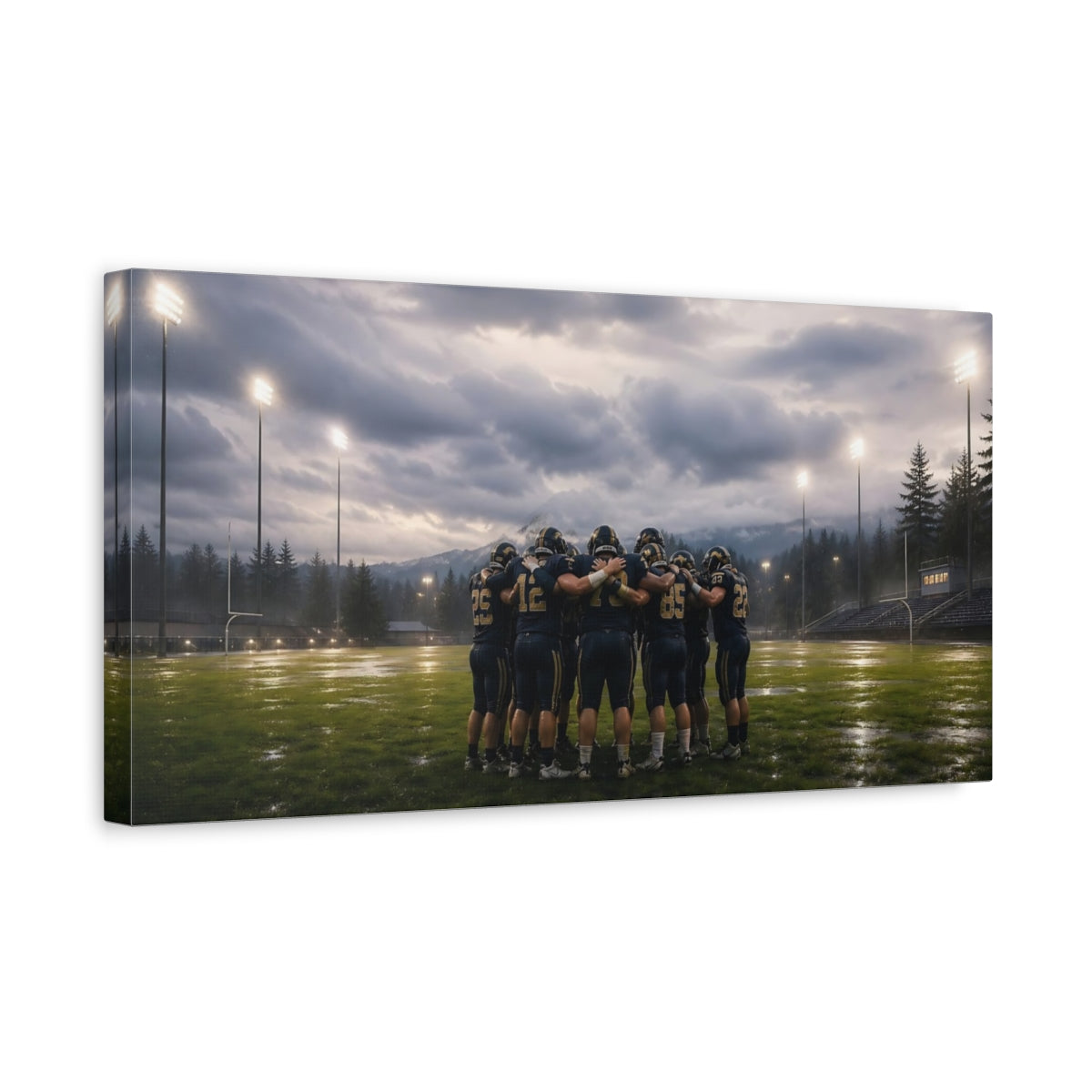 Side Mockup 3. Sports Football Team Football Huddle shown as canvas print