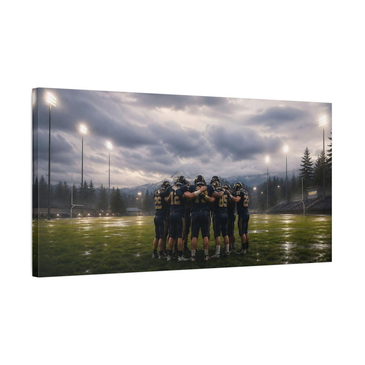 Side Mockup 1. Sports Football Team Football Huddle shown as canvas print