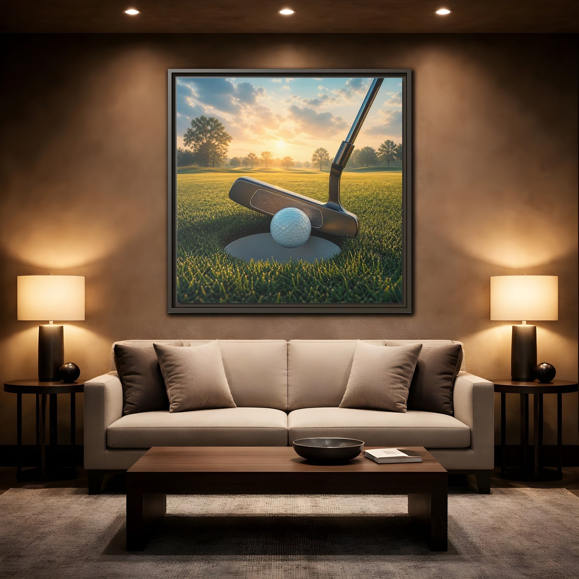 Mockup 2. Sports Golf Ball Golf Green shown as framed canvas print