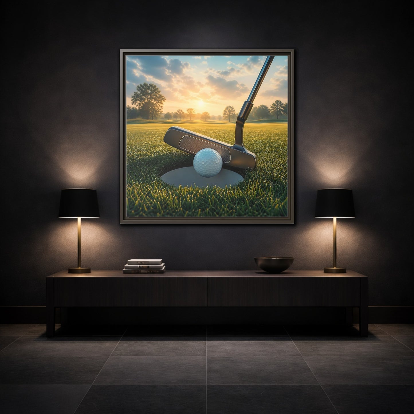 Mockup 3. Sports Golf Ball Golf Green shown as framed canvas print