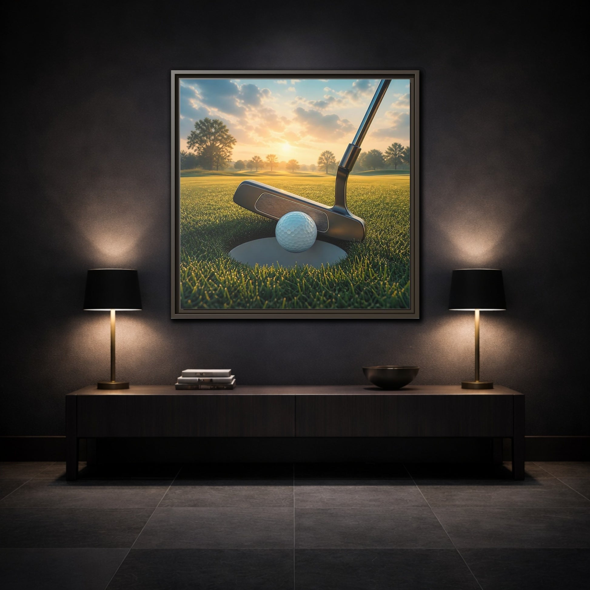 Mockup 3. Sports Golf Ball Golf Green shown as framed canvas print