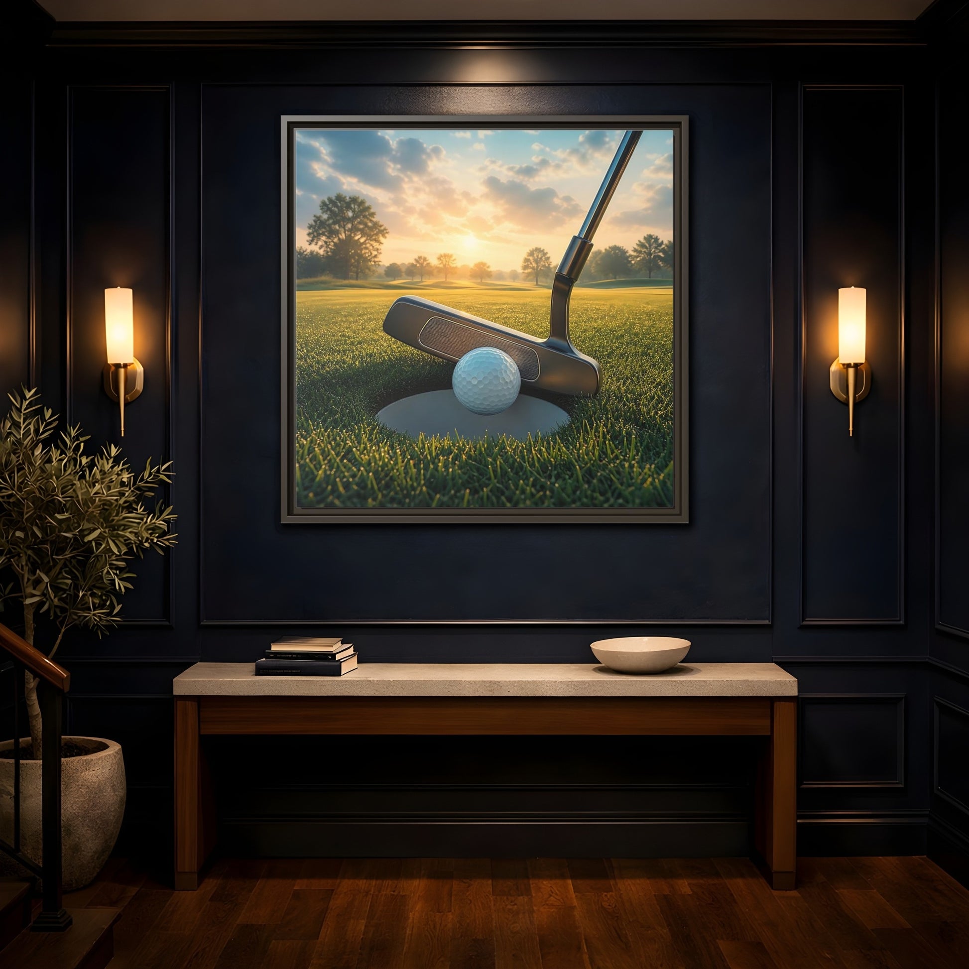 Mockup 4. Sports Golf Ball Golf Green shown as framed canvas print