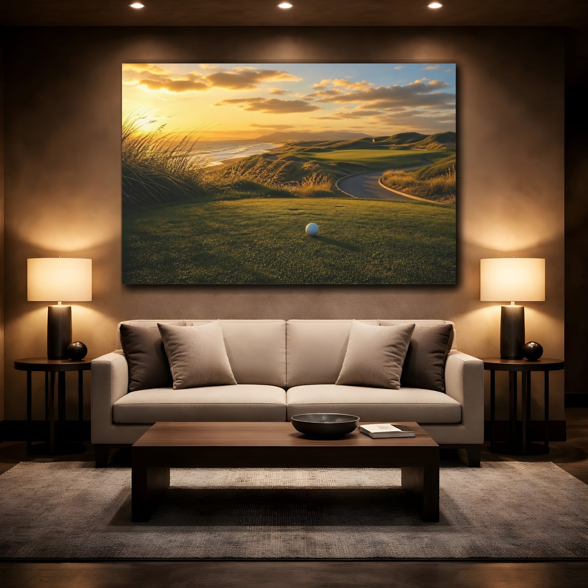 Mockup 2. Sports Golf Course Coastal Golf Sunset shown as canvas print