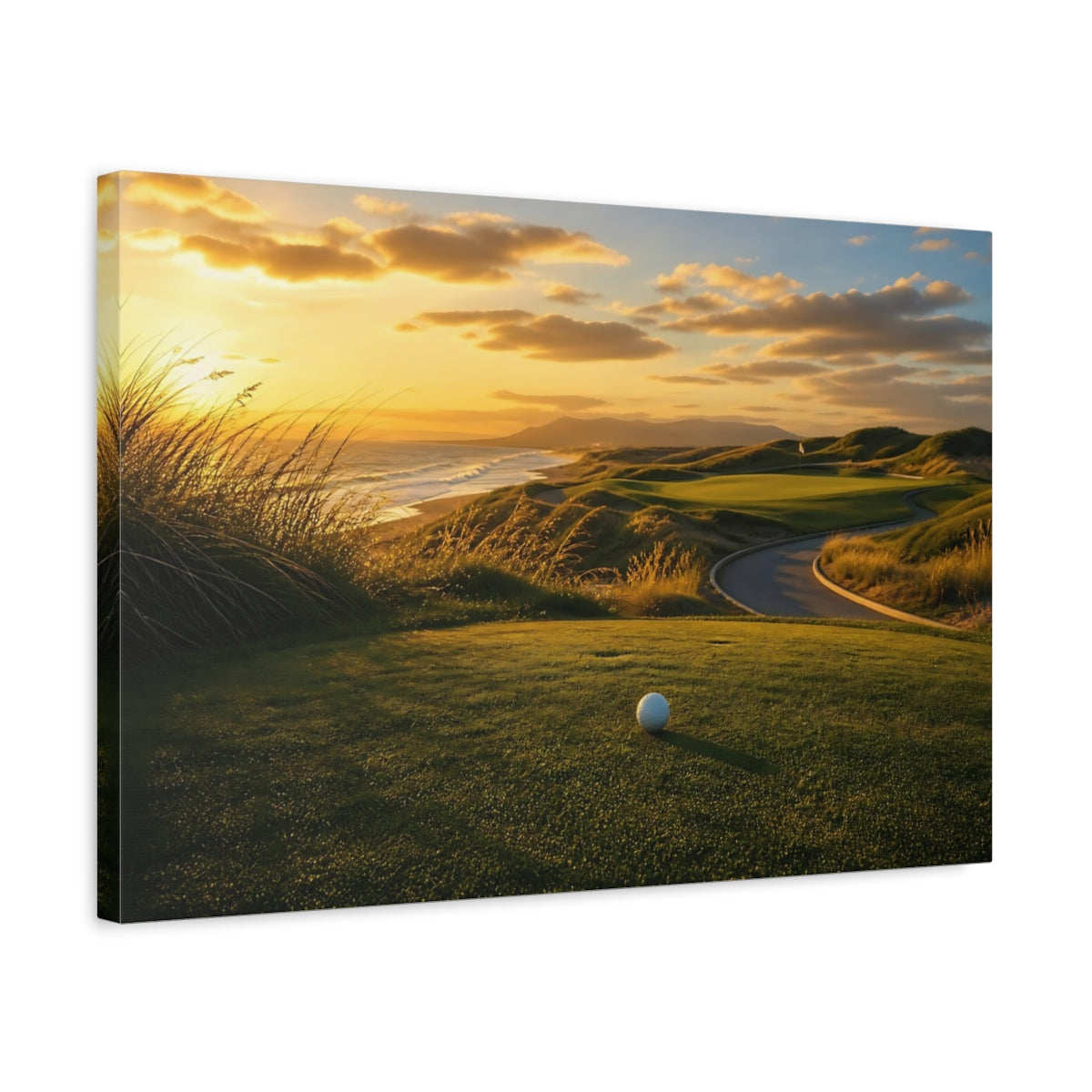 Side Mockup 3. Sports Golf Course Coastal Golf Sunset shown as canvas print