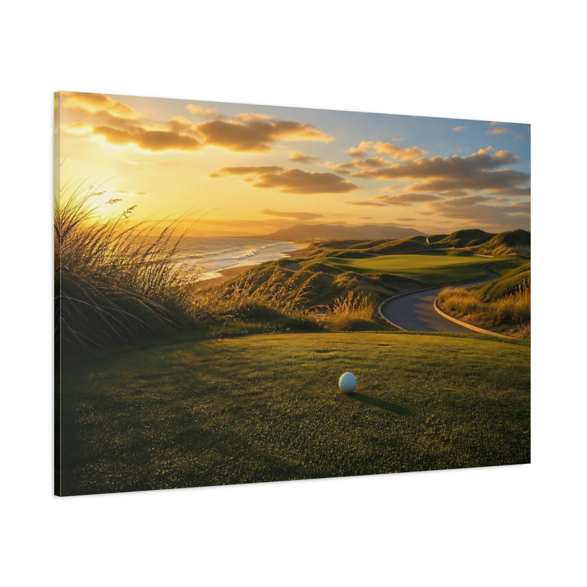 Side Mockup 1. Sports Golf Course Coastal Golf Sunset shown as canvas print