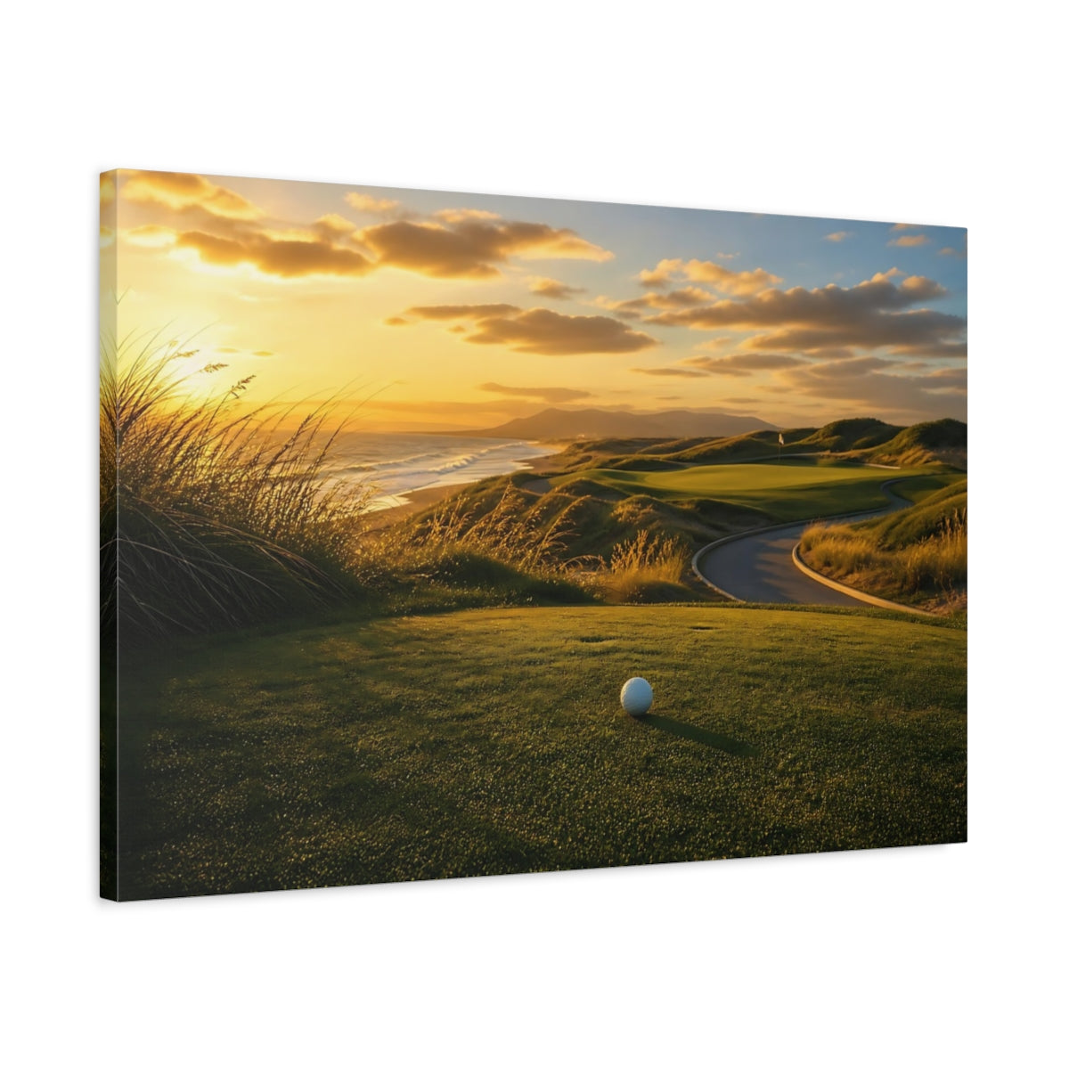 Side Mockup 2. Sports Golf Course Coastal Golf Sunset shown as canvas print