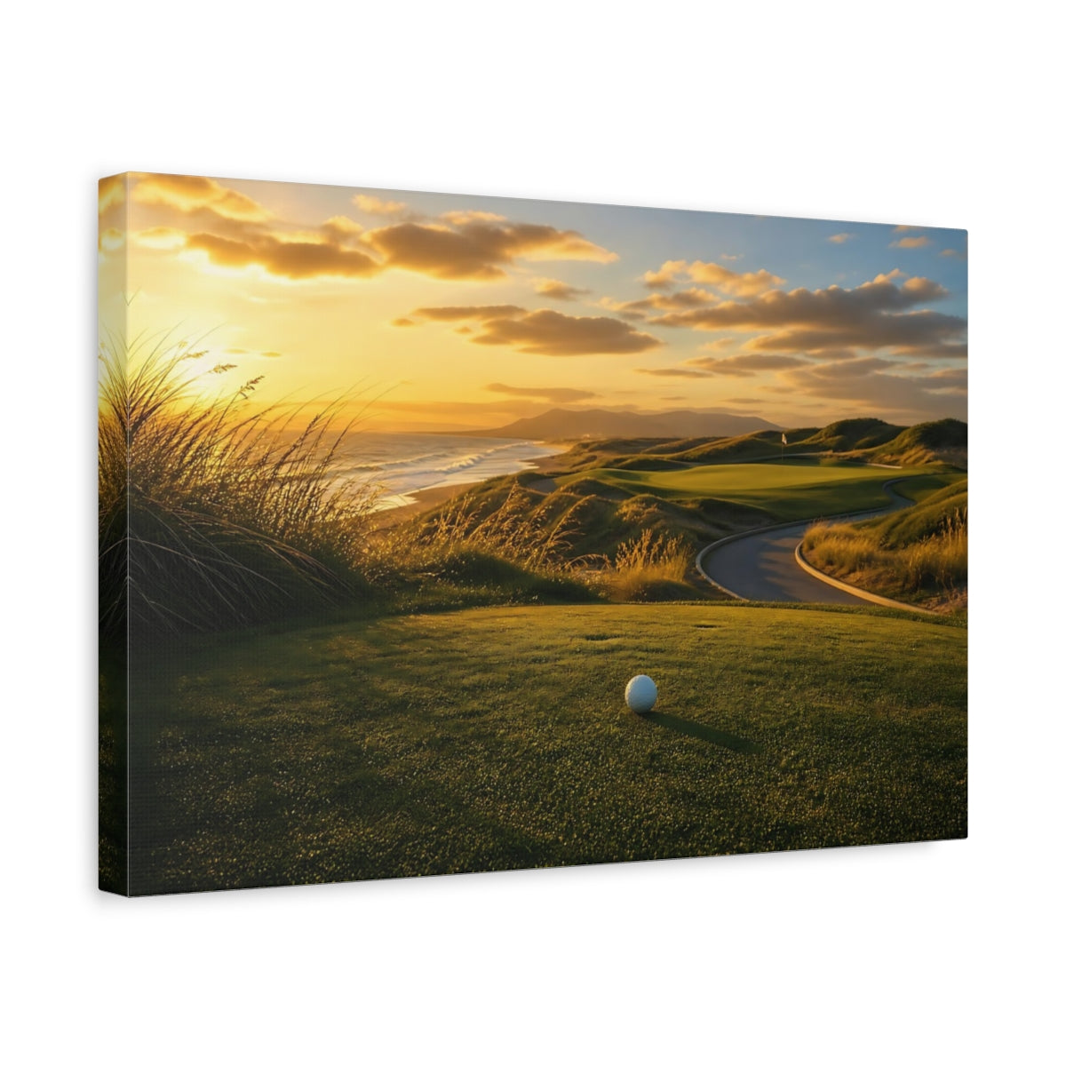 Side Mockup 4. Sports Golf Course Coastal Golf Sunset shown as canvas print