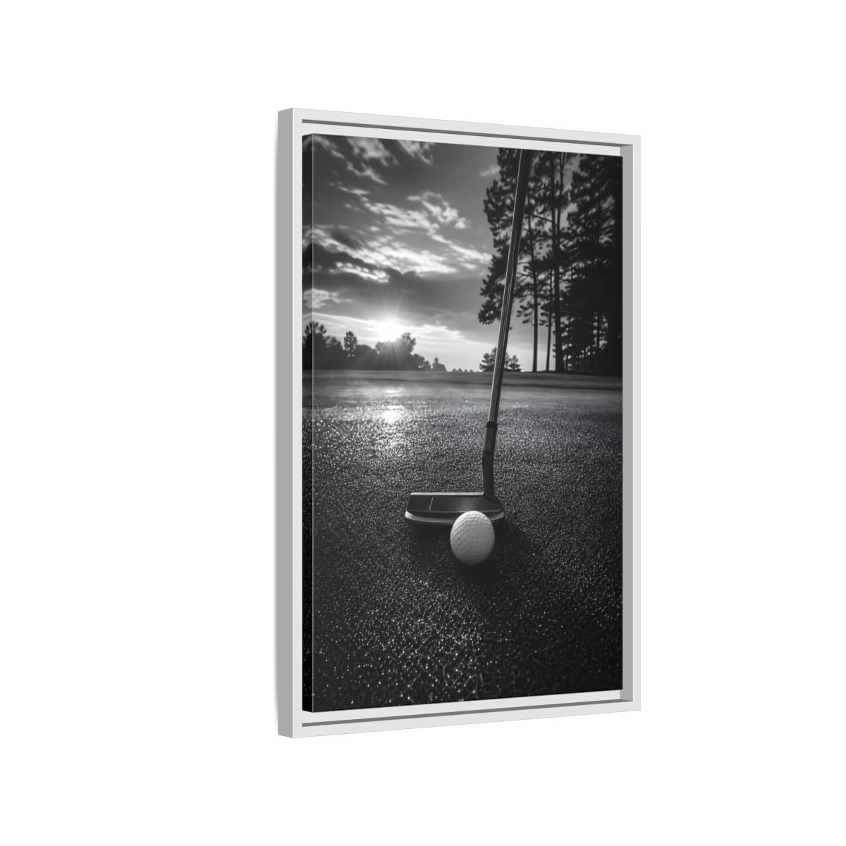 Side Mockup 1. Sports Golf Equipment Monochrome Golf shown as framed canvas print