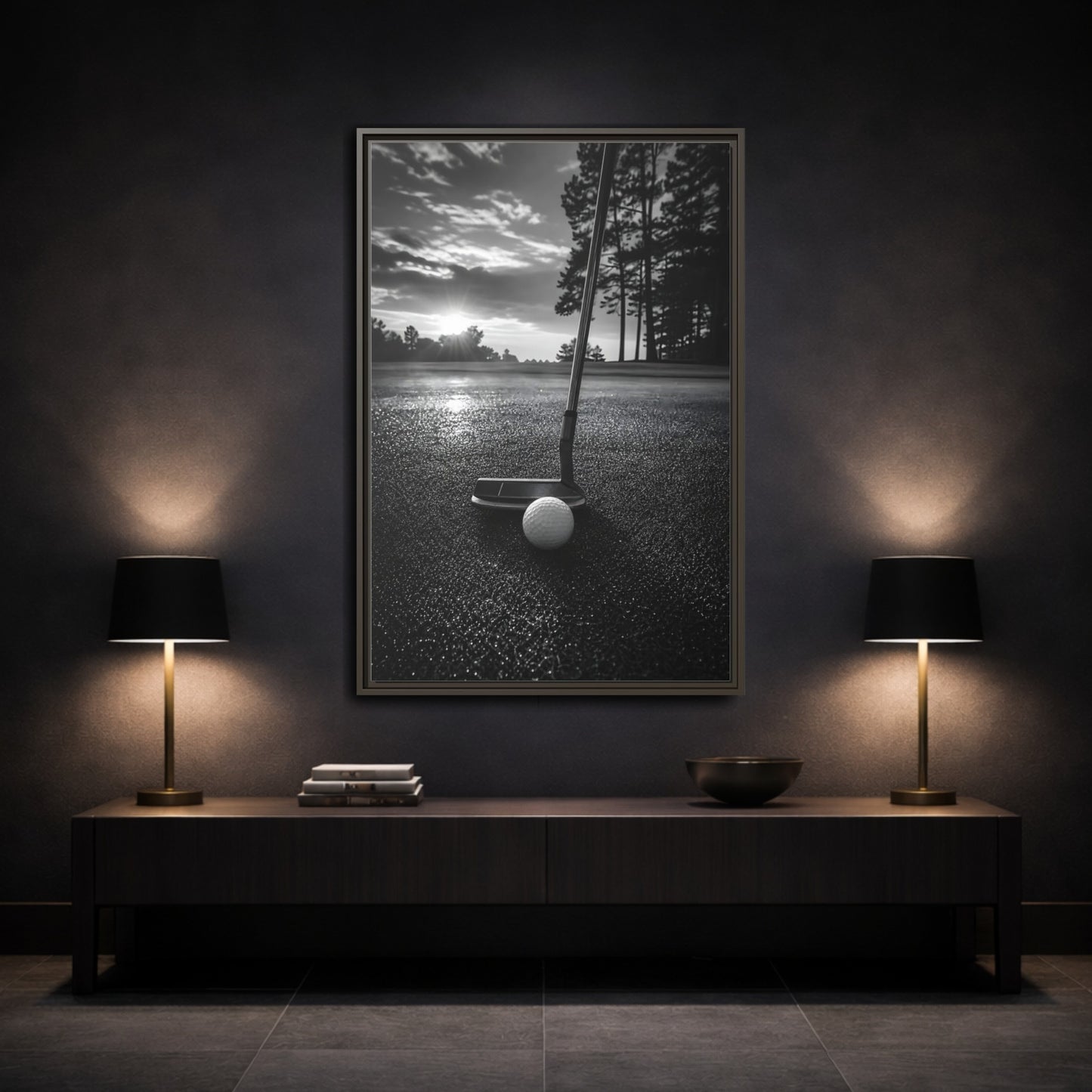 Mockup 3. Sports Golf Equipment Monochrome Golf shown as framed canvas print