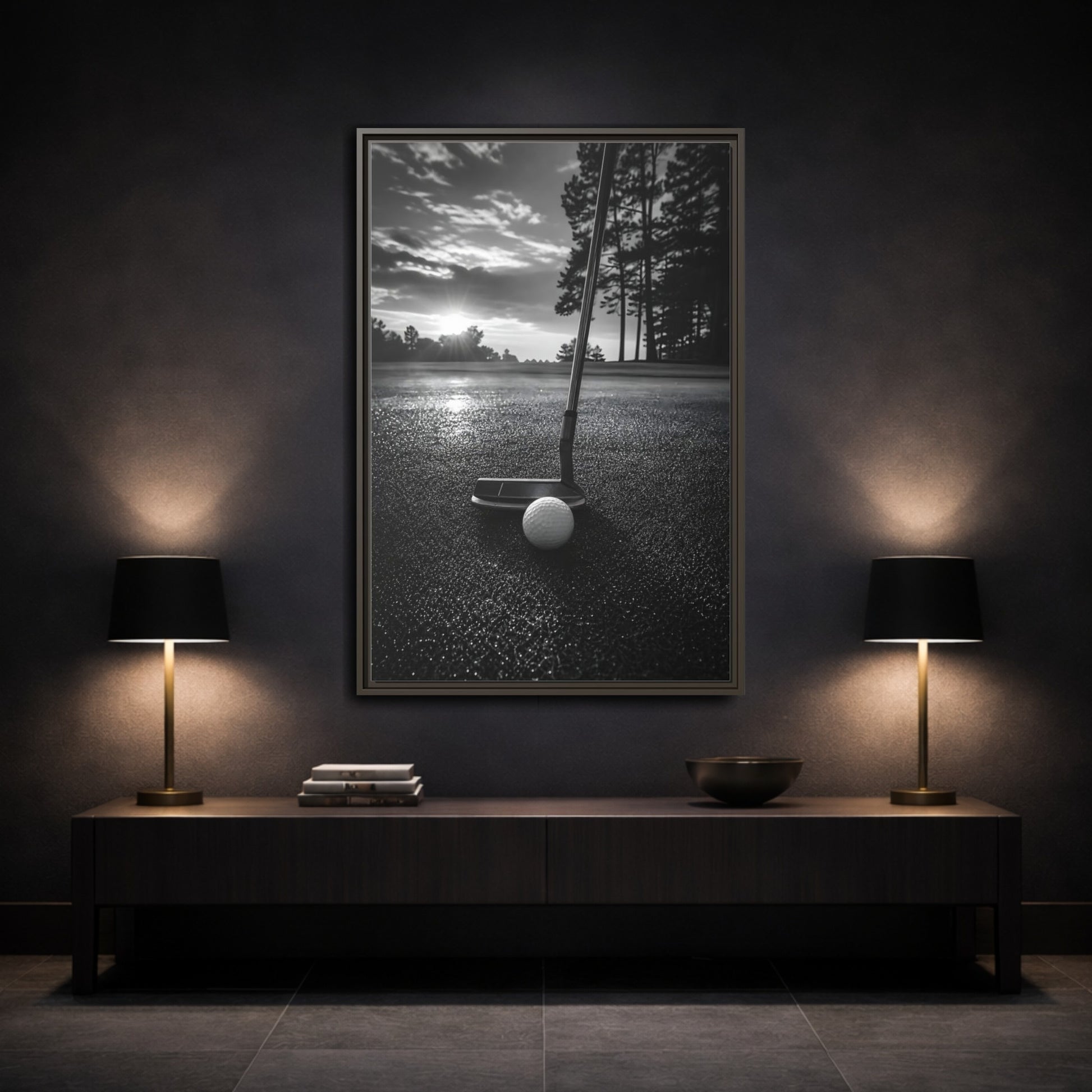 Mockup 3. Sports Golf Equipment Monochrome Golf shown as framed canvas print