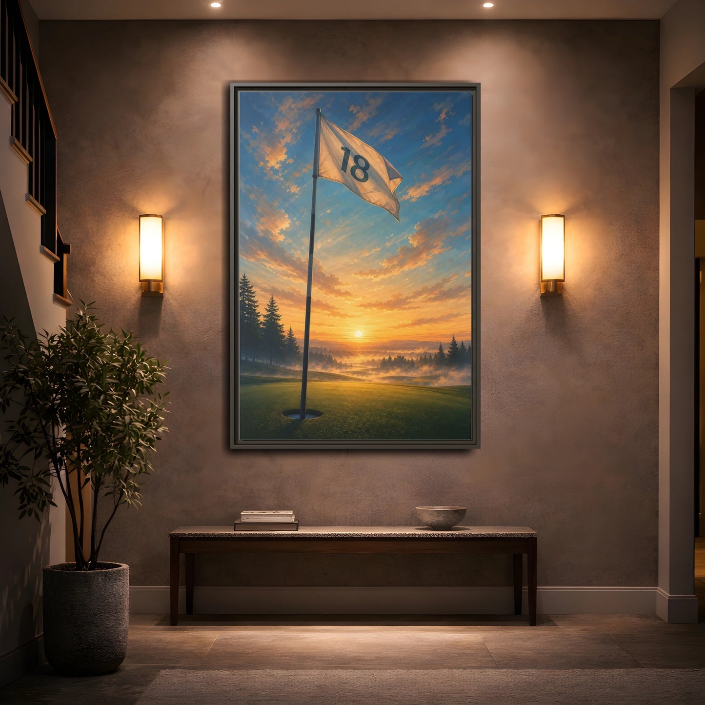 Mockup 2. Sports Golf Flag Sunset Golf Scene shown as framed canvas print