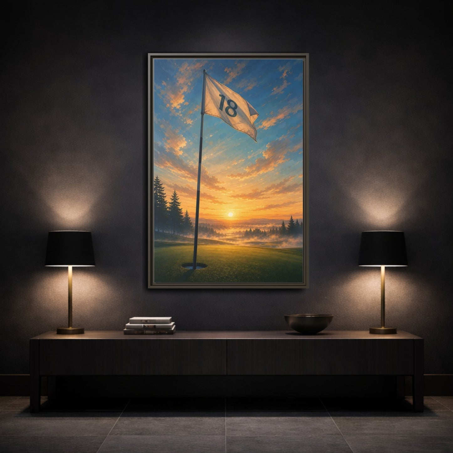 Mockup 3. Sports Golf Flag Sunset Golf Scene shown as framed canvas print