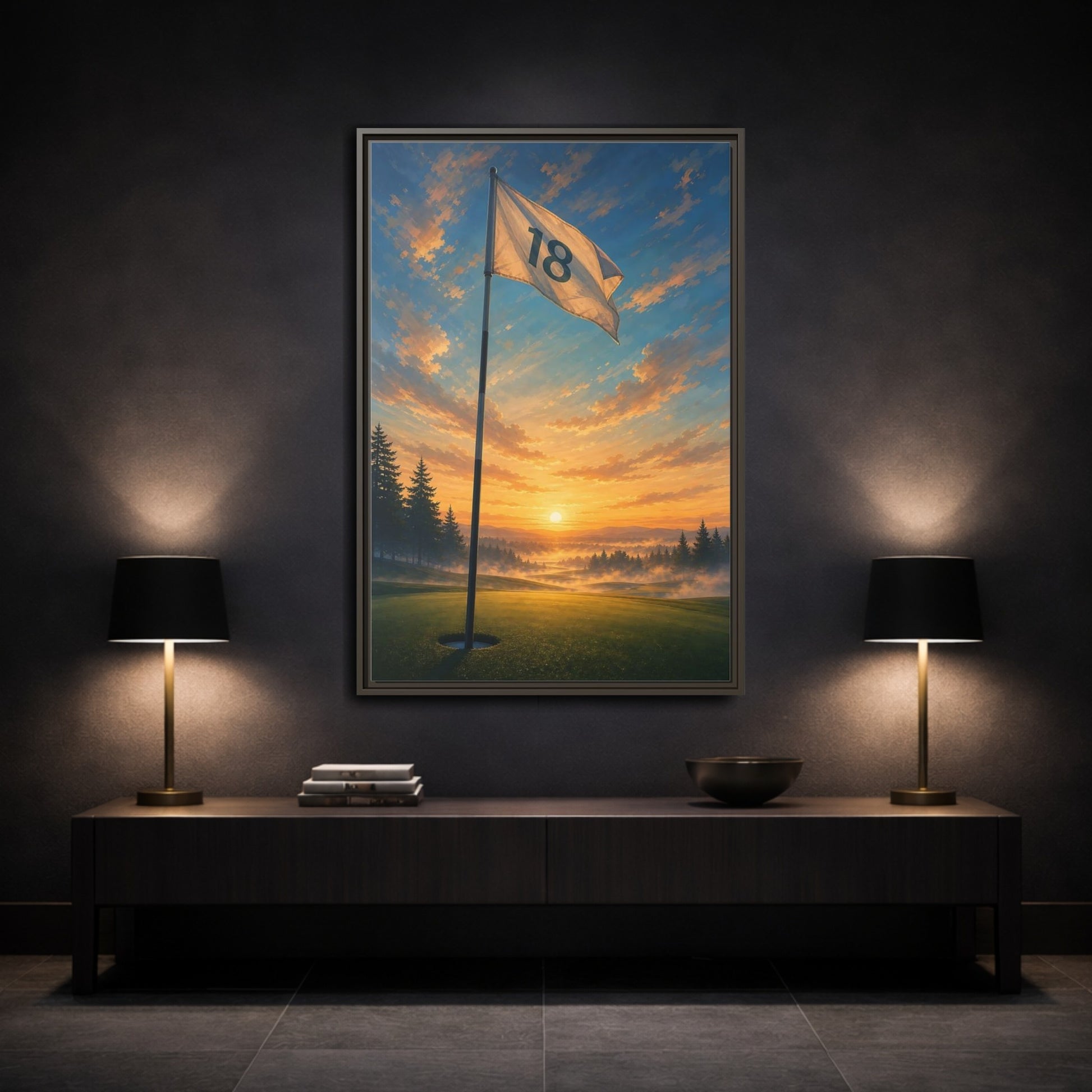 Mockup 3. Sports Golf Flag Sunset Golf Scene shown as framed canvas print