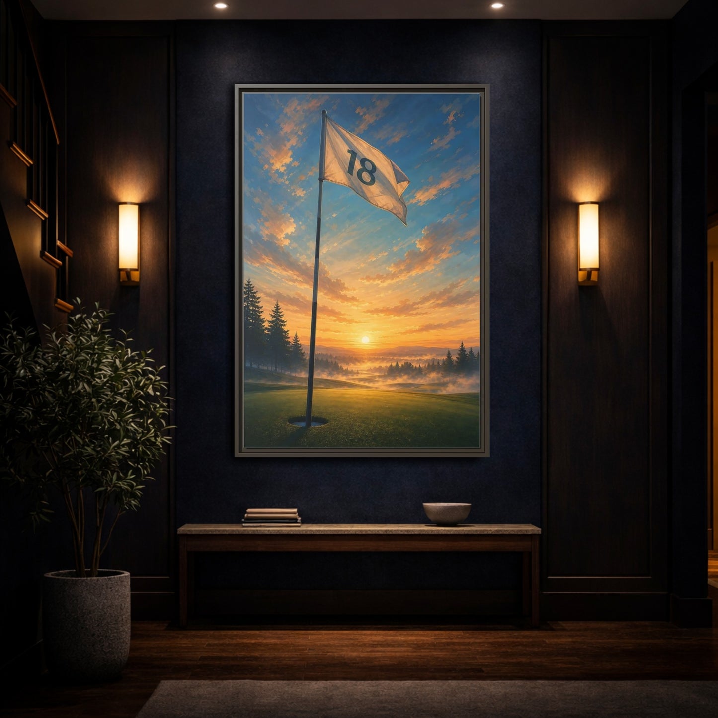 Mockup 4. Sports Golf Flag Sunset Golf Scene shown as framed canvas print