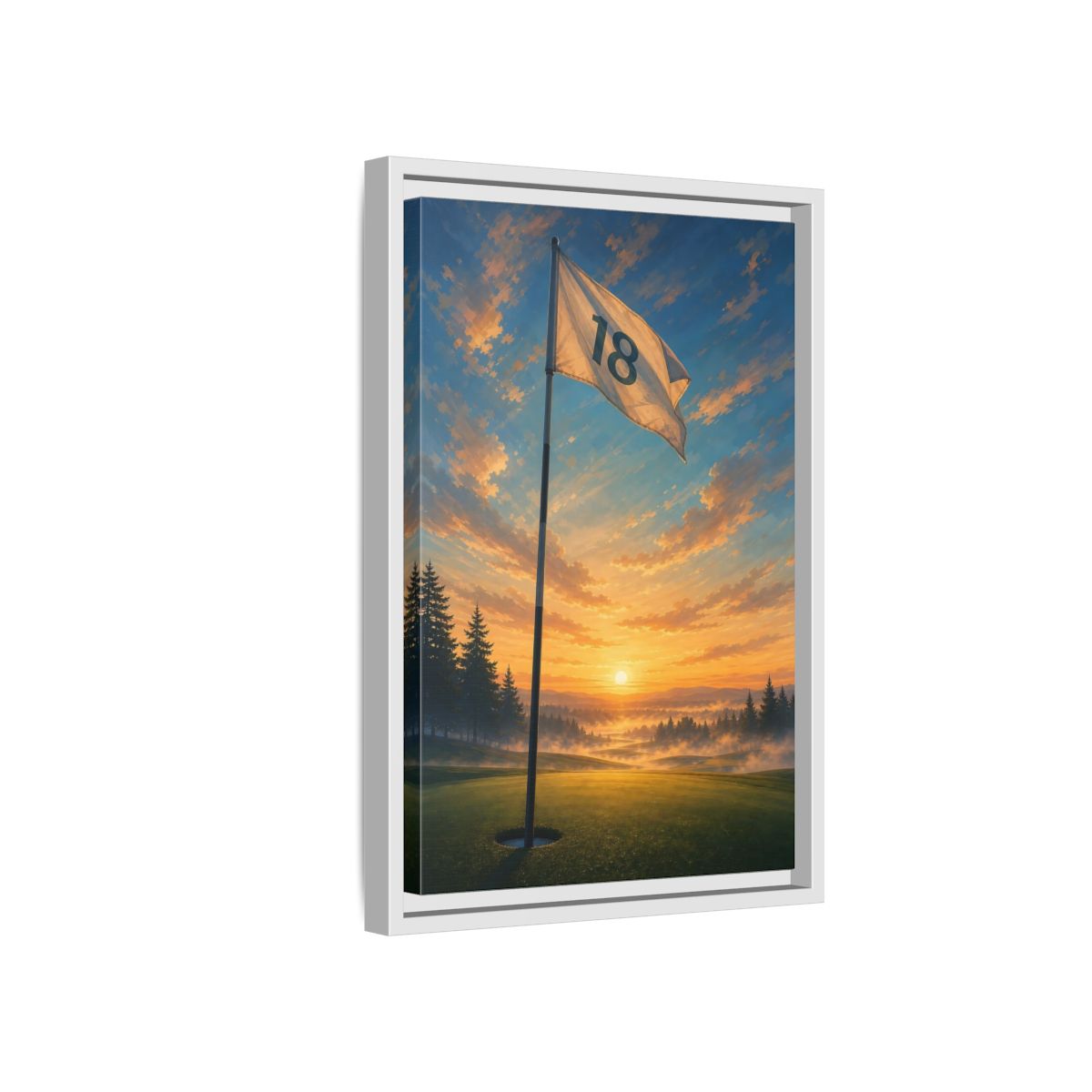 Side Mockup 4. Sports Golf Flag Sunset Golf Scene shown as framed canvas print