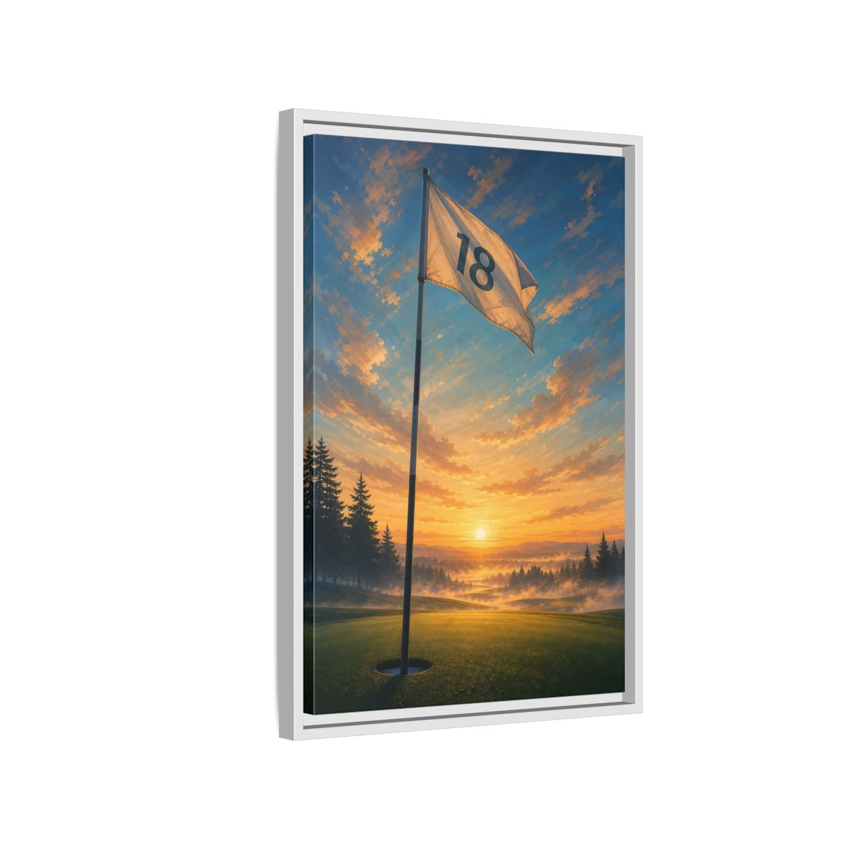 Side Mockup 1. Sports Golf Flag Sunset Golf Scene shown as framed canvas print