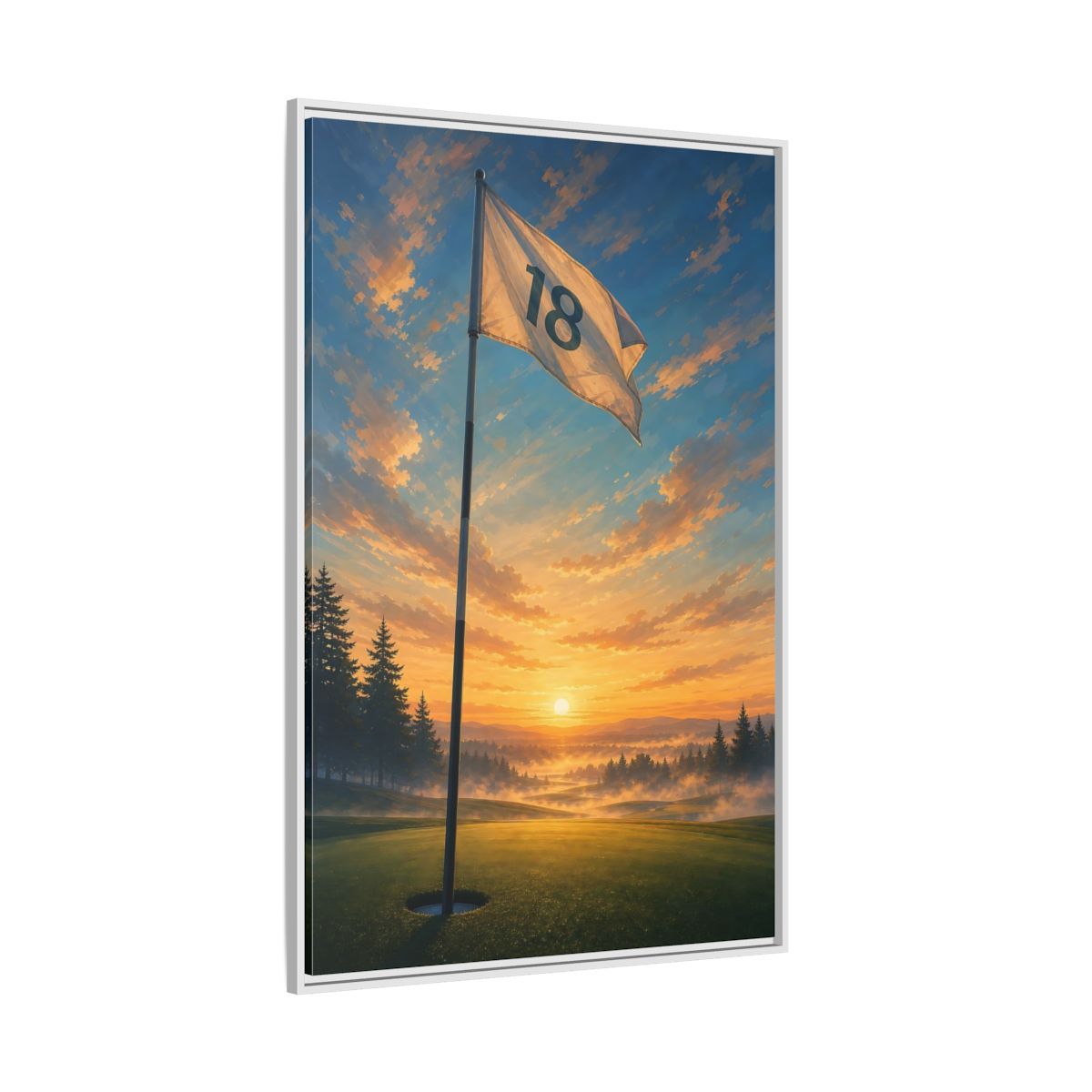 Side Mockup 7. Sports Golf Flag Sunset Golf Scene shown as framed canvas print