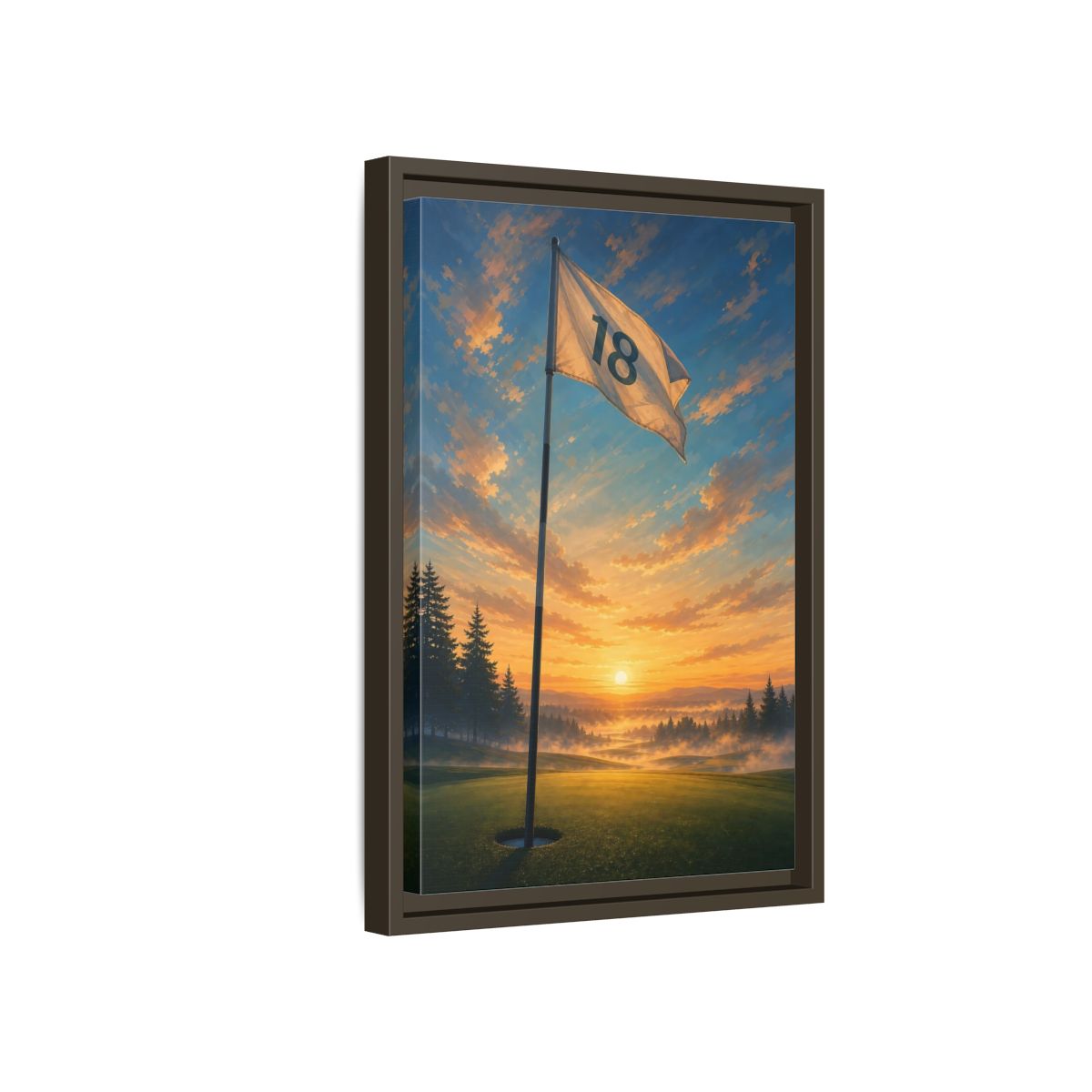 Side Mockup 5. Sports Golf Flag Sunset Golf Scene shown as framed canvas print