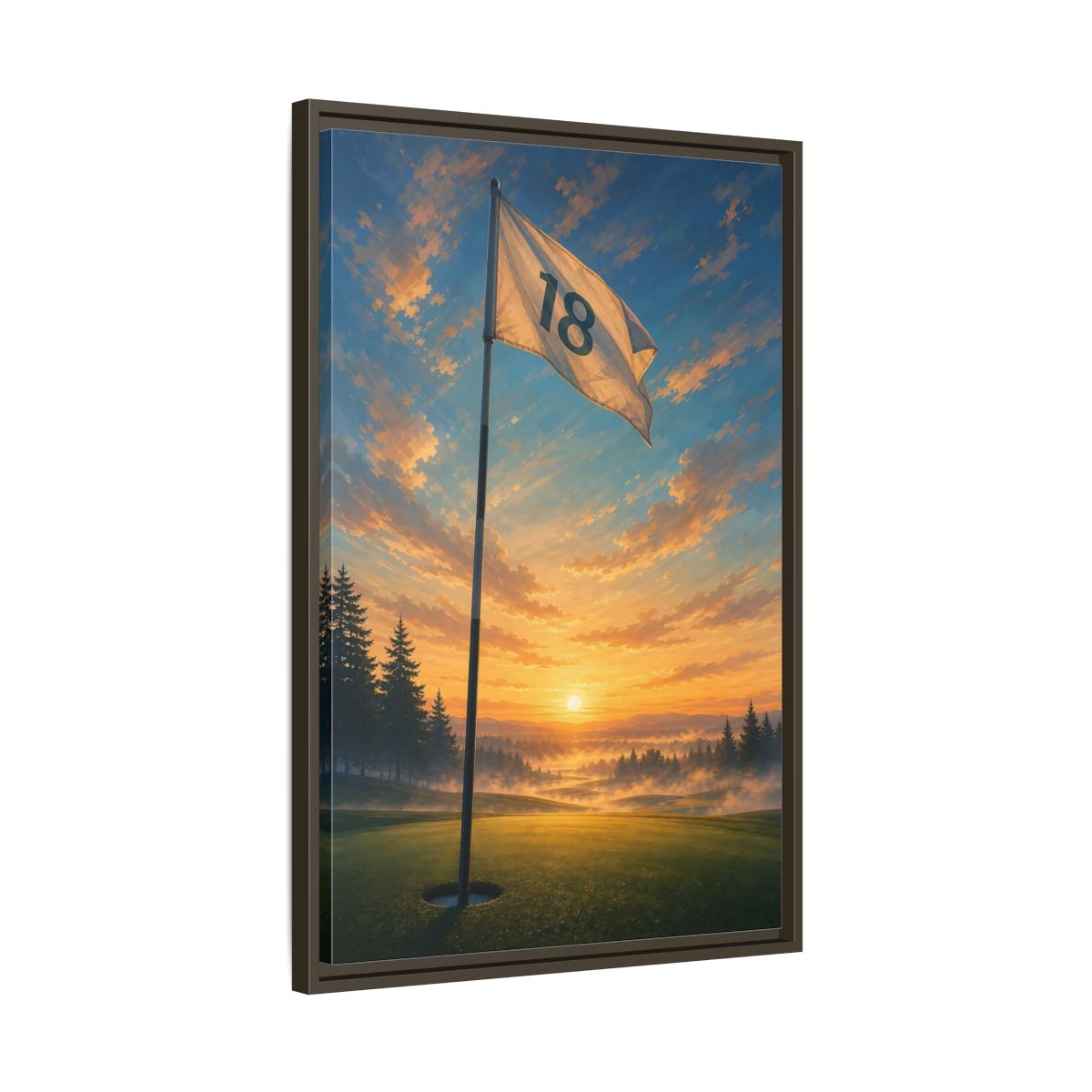 Side Mockup 11. Sports Golf Flag Sunset Golf Scene shown as framed canvas print