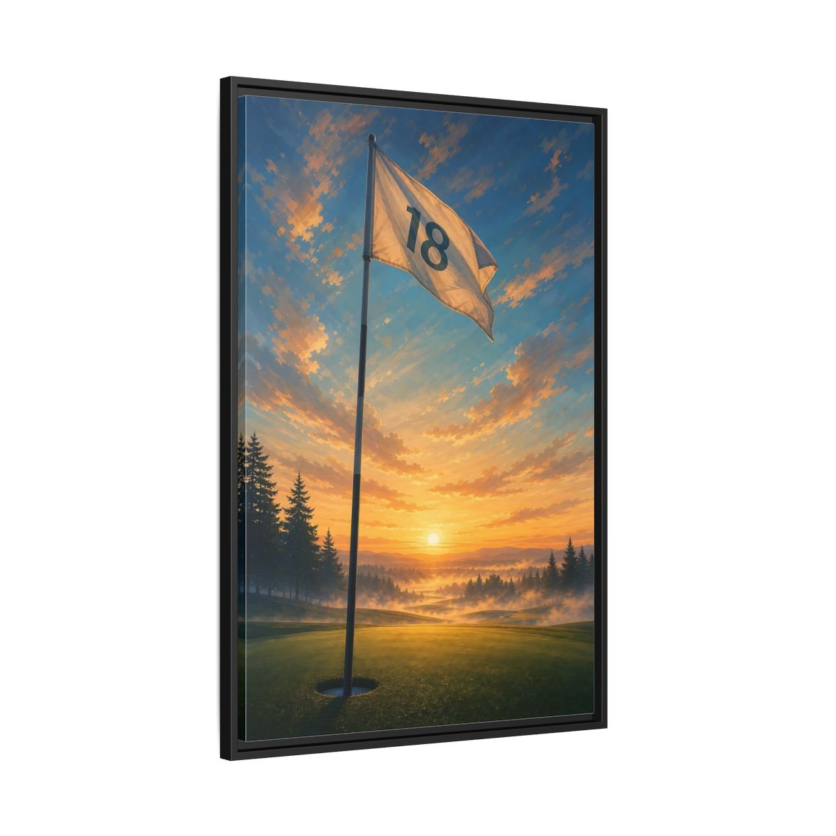 Side Mockup 13. Sports Golf Flag Sunset Golf Scene shown as framed canvas print